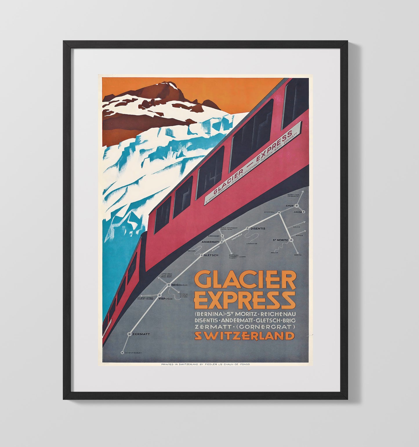 Zermatt Glacier Express Train Vintage Travel Print 16x20 Gallery Frame travel wall art print