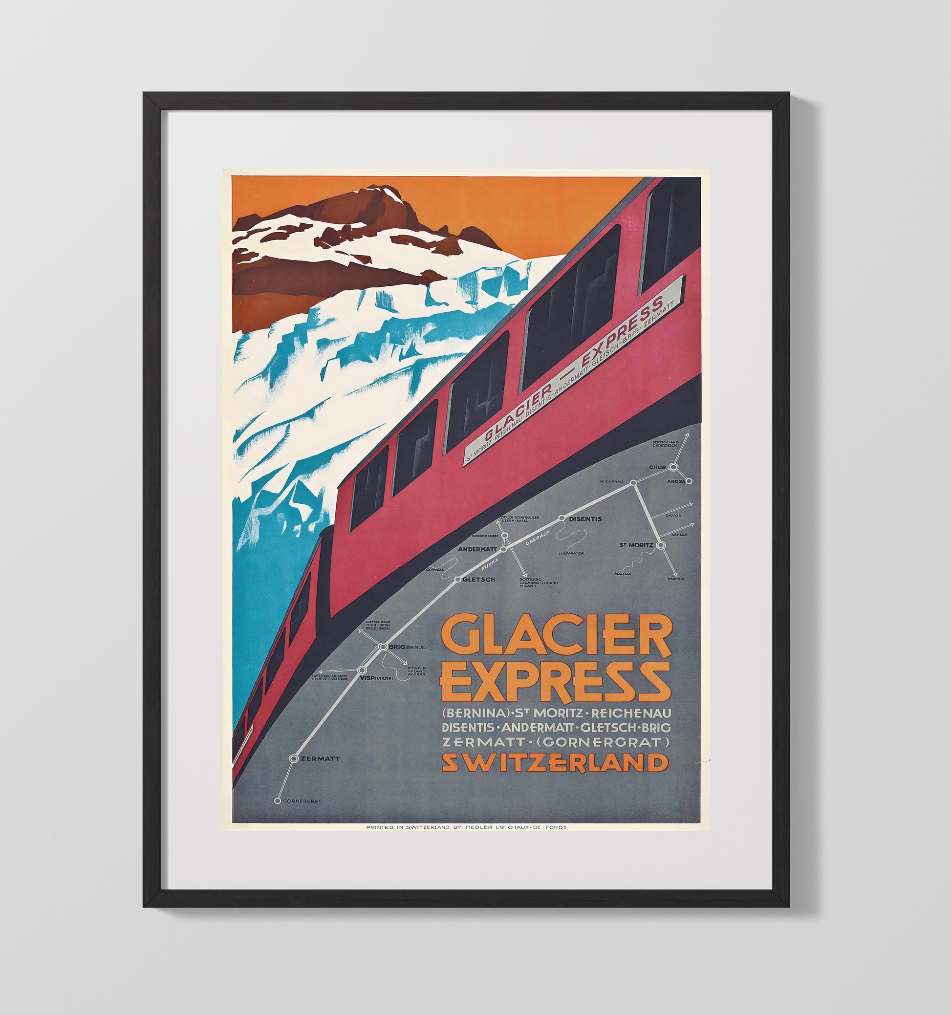 Zermatt Glacier Express Train Vintage Travel Print 16x20 Gallery Frame travel wall art print