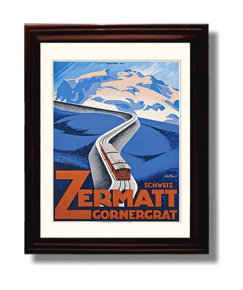 Zermatt Gornergrat Railway Vintage Travel Print 8x10 Beveled Frame travel wall art print