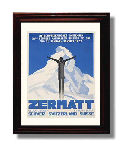 Zermatt Ski Races Vintage Travel Print 8x10 Beveled Frame travel wall art print