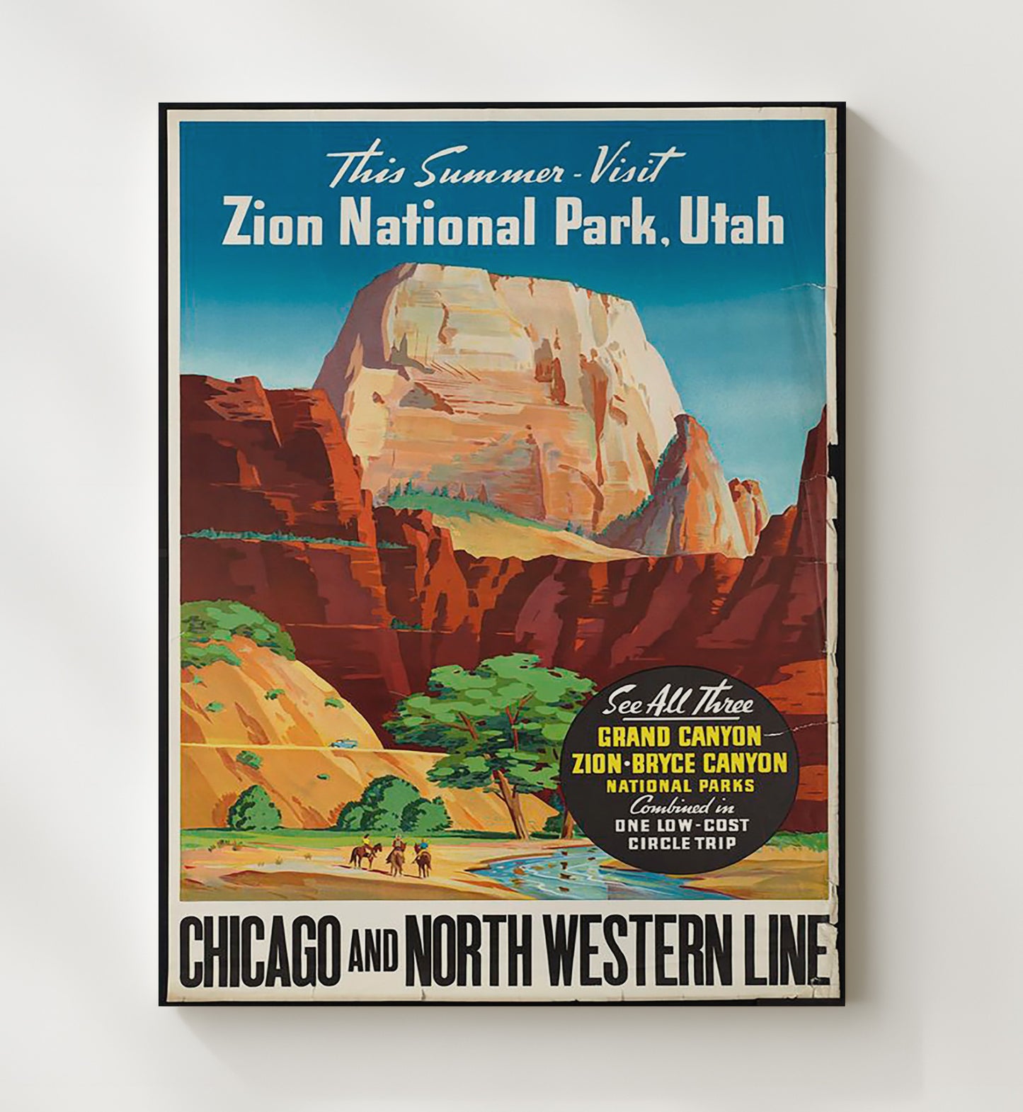 Zion National Park Sandstone Cliffs and River Vintage Travel Print 20x24 Canvas travel wall art print