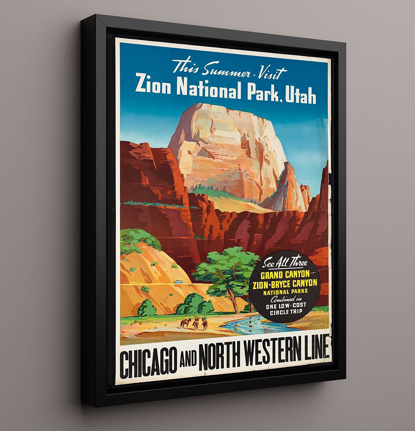 Zion National Park Sandstone Cliffs and River Vintage Travel Print 16x20 Framed Canvas travel wall art print