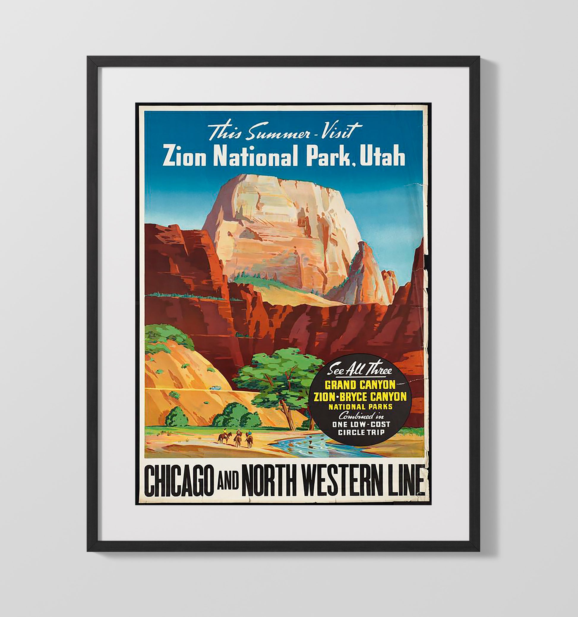 Zion National Park Sandstone Cliffs and River Vintage Travel Print 16x20 Gallery Frame travel wall art print