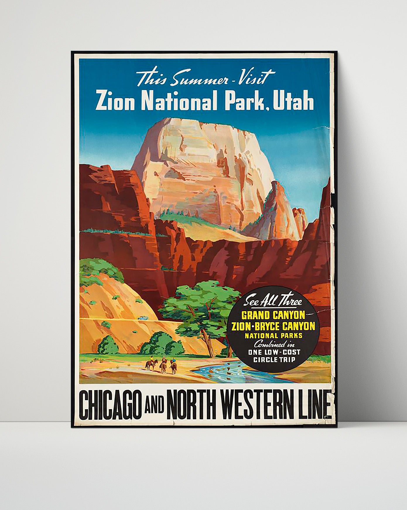 Zion National Park Sandstone Cliffs and River Vintage Travel Print 16x20 Unframed Print travel wall art print