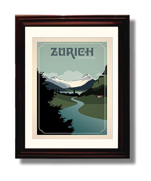 Zurich Alps River Vintage Travel Print 8x10 Beveled Frame travel wall art print