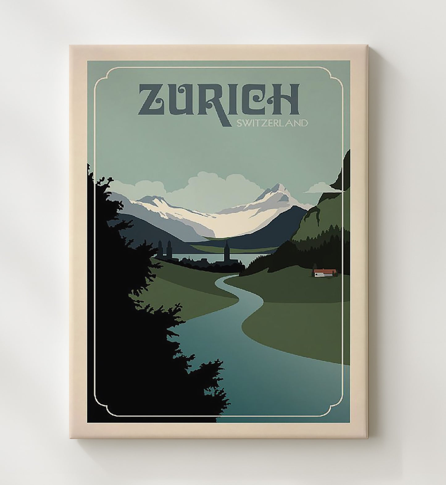 Zurich Alps River Vintage Travel Print 20x24 Canvas travel wall art print
