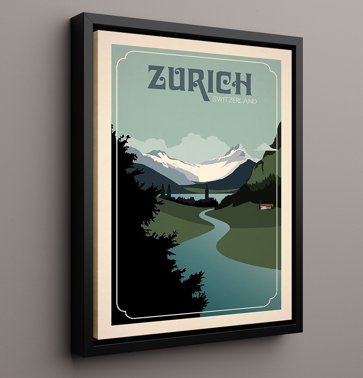 Zurich Alps River Vintage Travel Print 16x20 Framed Canvas travel wall art print