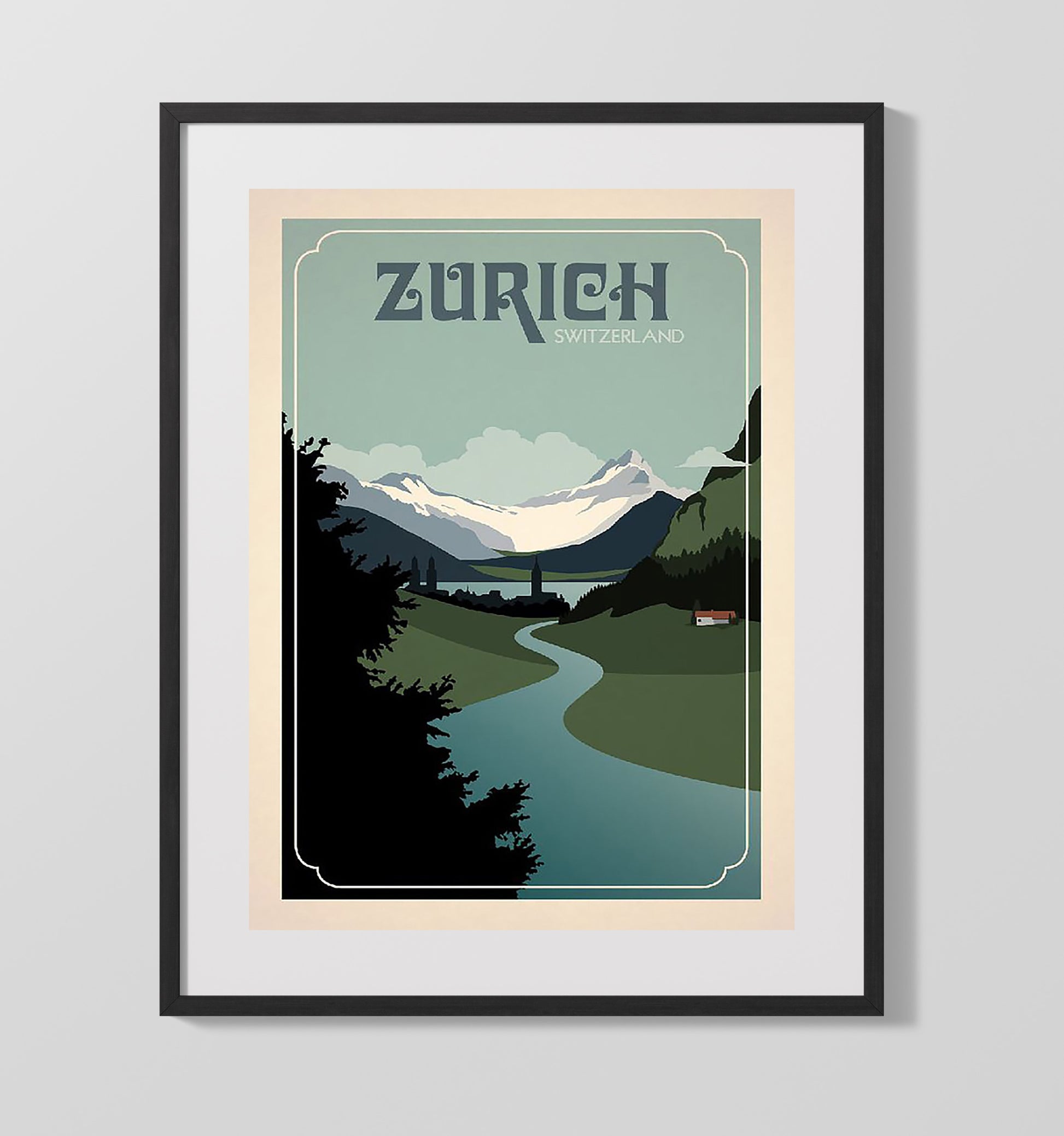 Zurich Alps River Vintage Travel Print 16x20 Gallery Frame travel wall art print