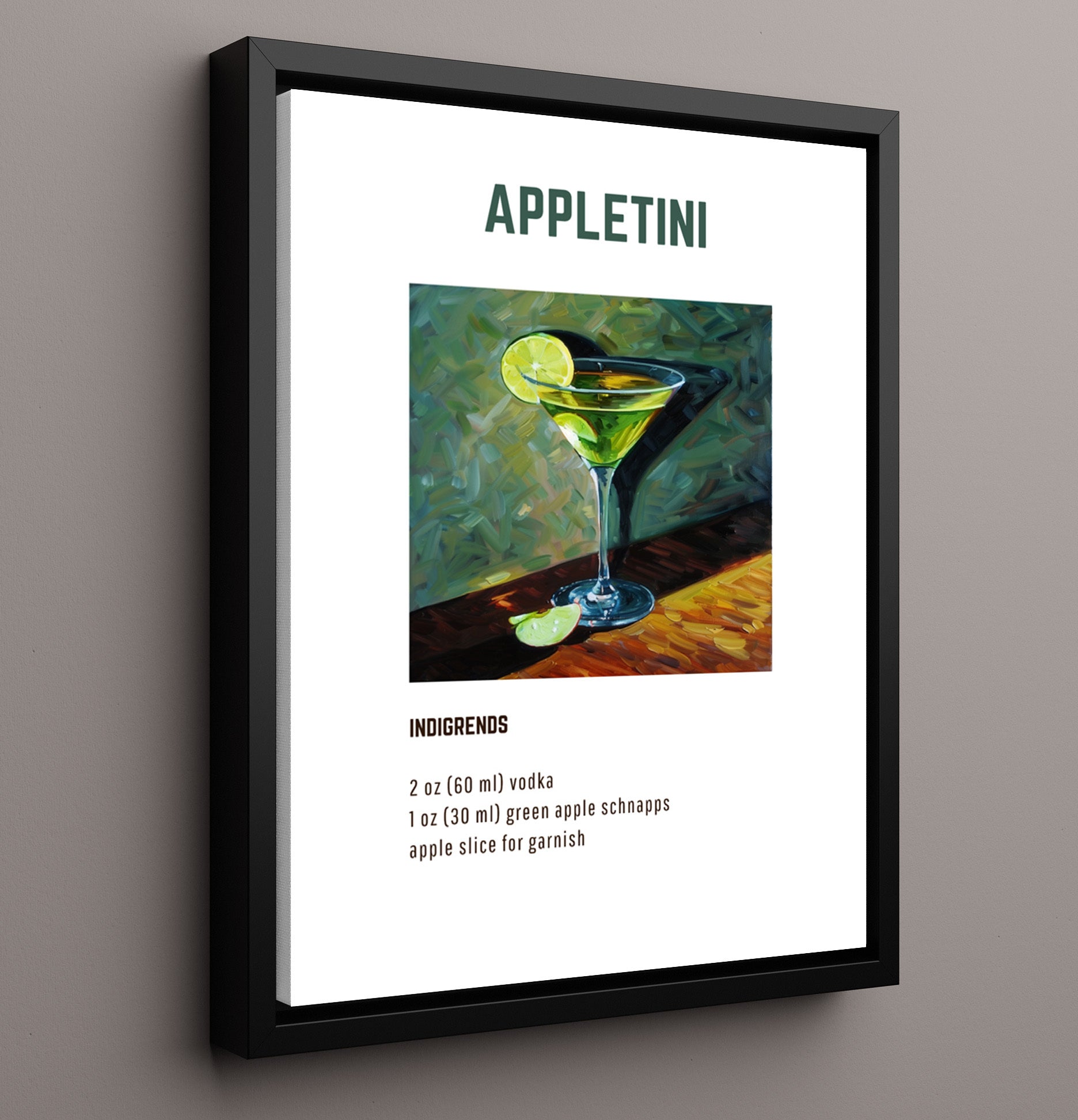 Appletini 16x20 Framed Canvas cocktail recipe wall art print – Cocktail Recipies decor
