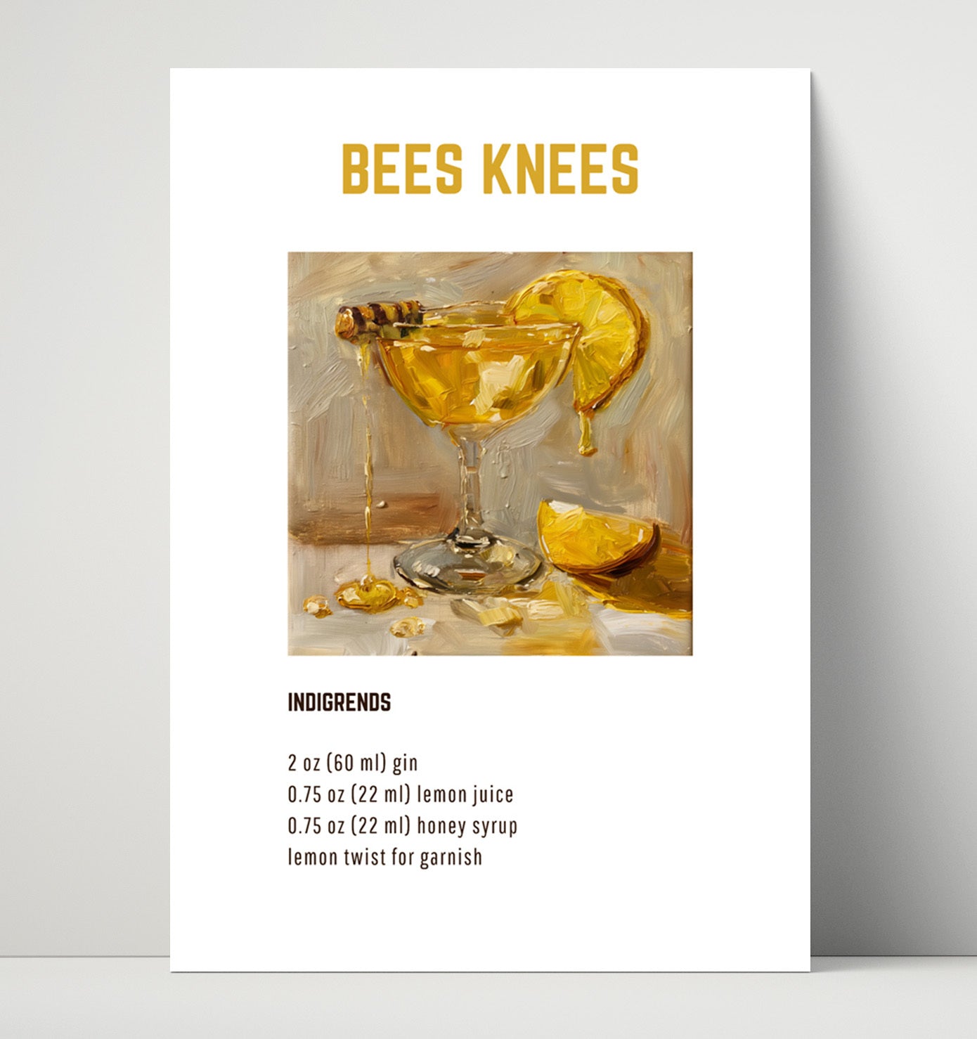 Bees Knees 16x20 Unframed Print cocktail recipe wall art print – Cocktail Recipies decor