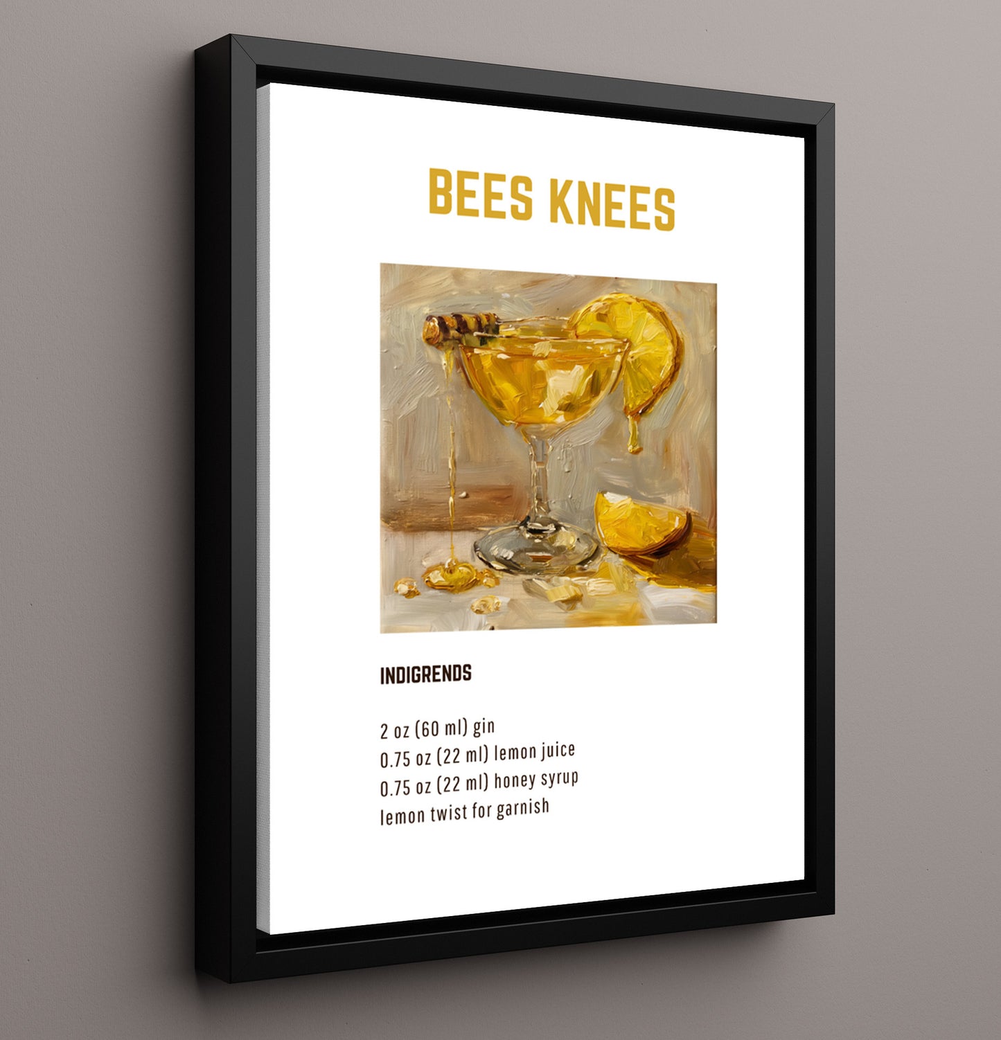 Bees Knees 16x20 Framed Canvas cocktail recipe wall art print – Cocktail Recipies decor