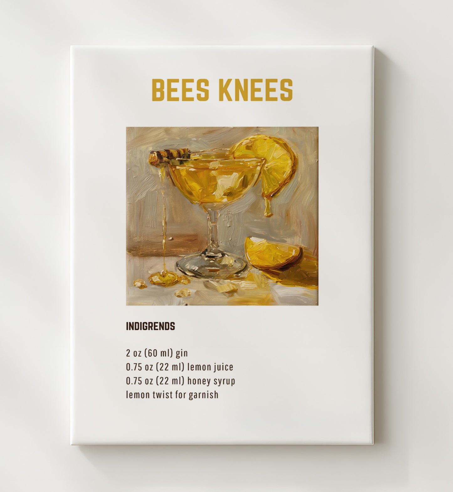 Bees Knees 20x24 Canvas cocktail recipe wall art print – Cocktail Recipies decor