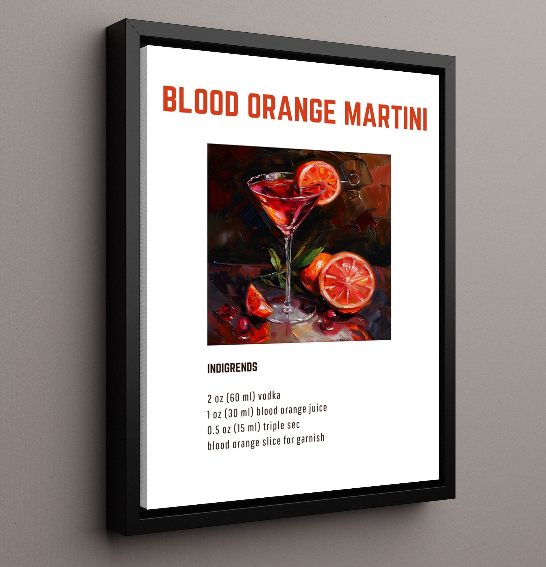 Blood Orange Martini 16x20 Framed Canvas cocktail recipe wall art print – Cocktail Recipies decor