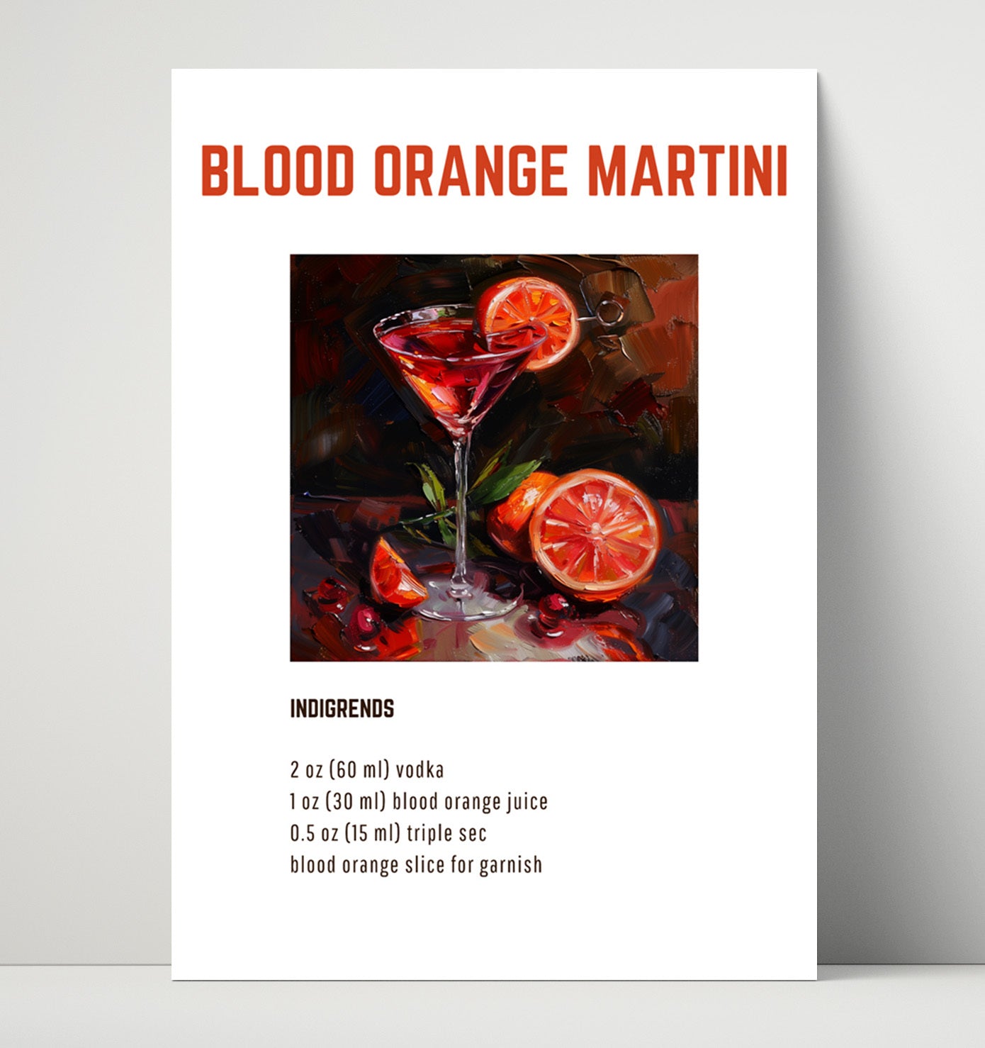 Blood Orange Martini 16x20 Unframed Print cocktail recipe wall art print – Cocktail Recipies decor