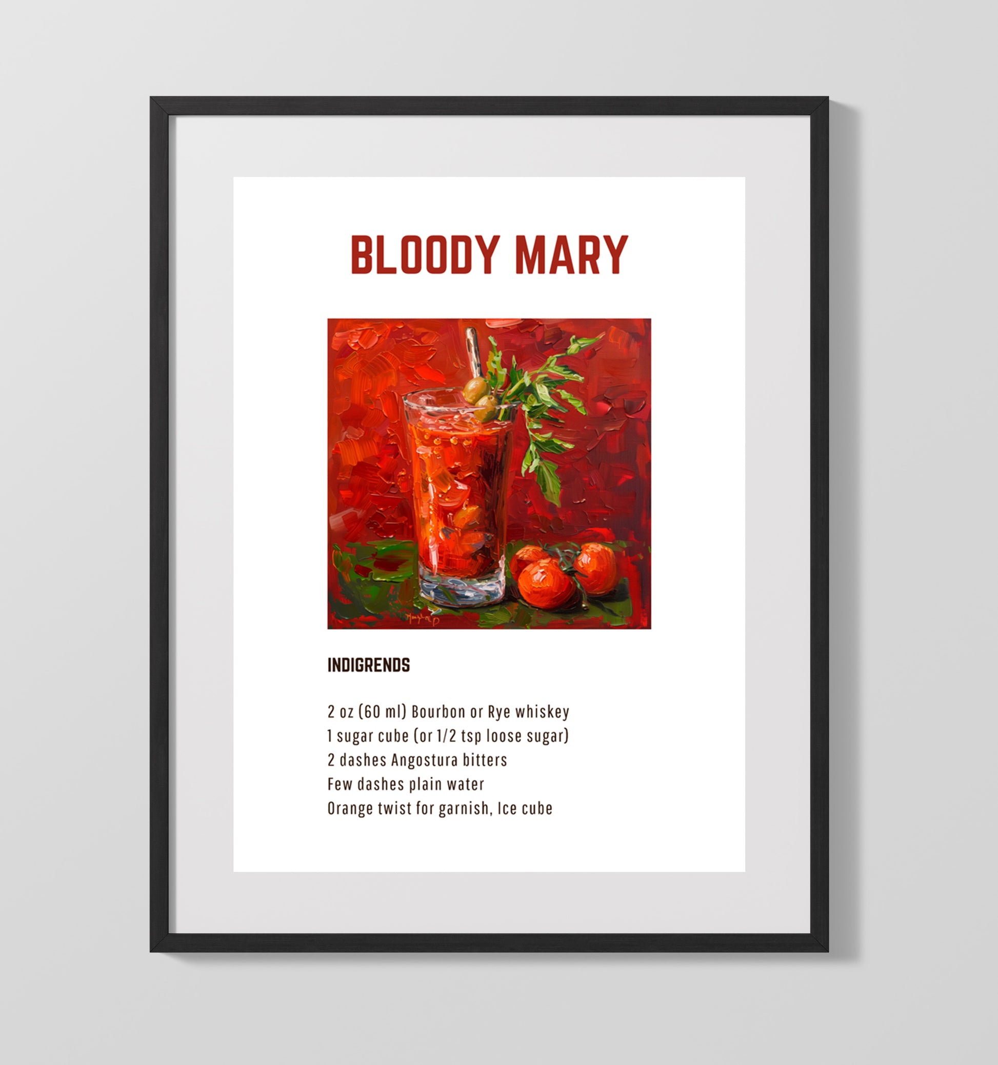 Bloody Mary 16x20 Gallery Frame cocktail recipe wall art print – Cocktail Recipies decor