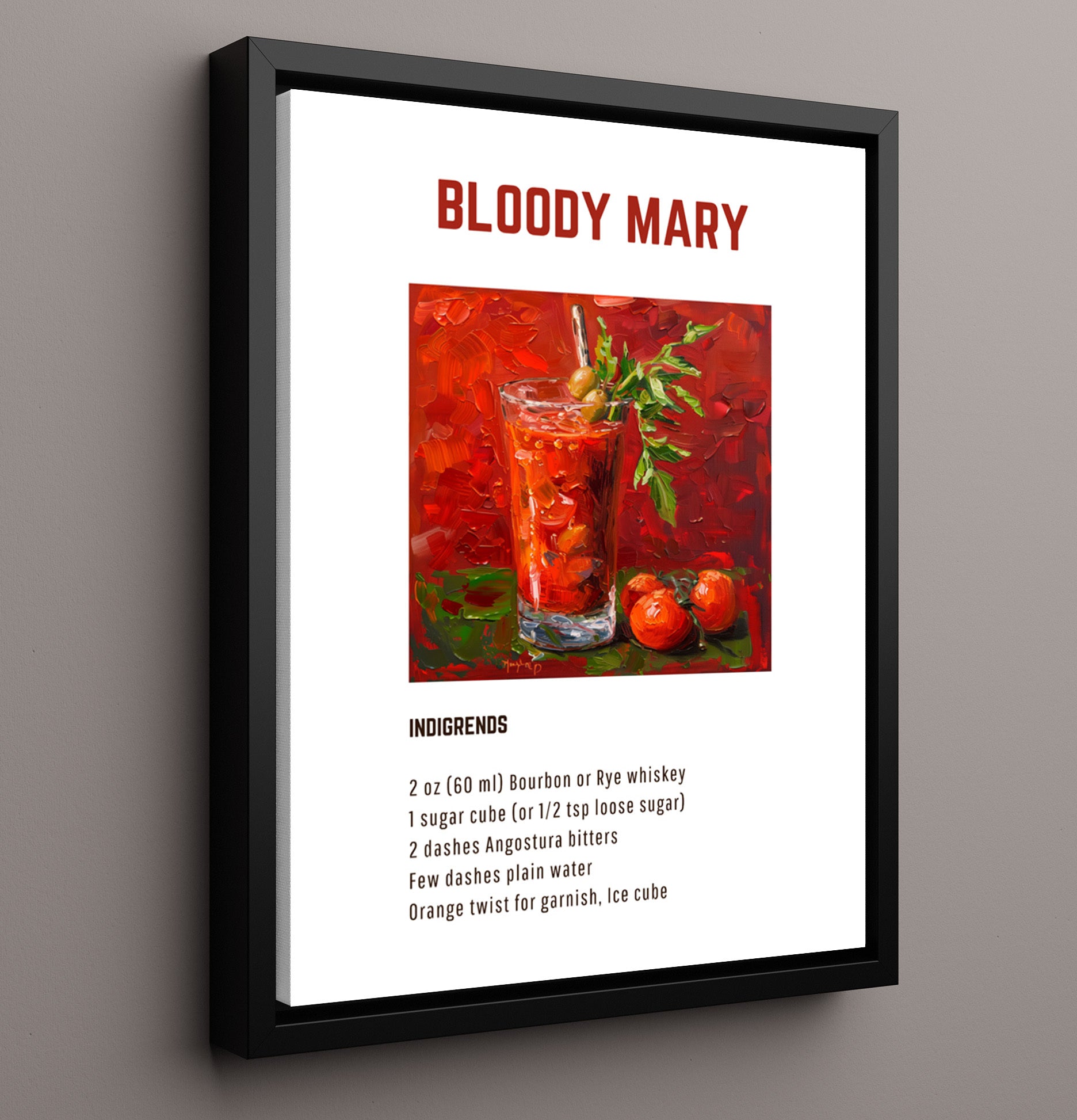 Bloody Mary 16x20 Framed Canvas cocktail recipe wall art print – Cocktail Recipies decor