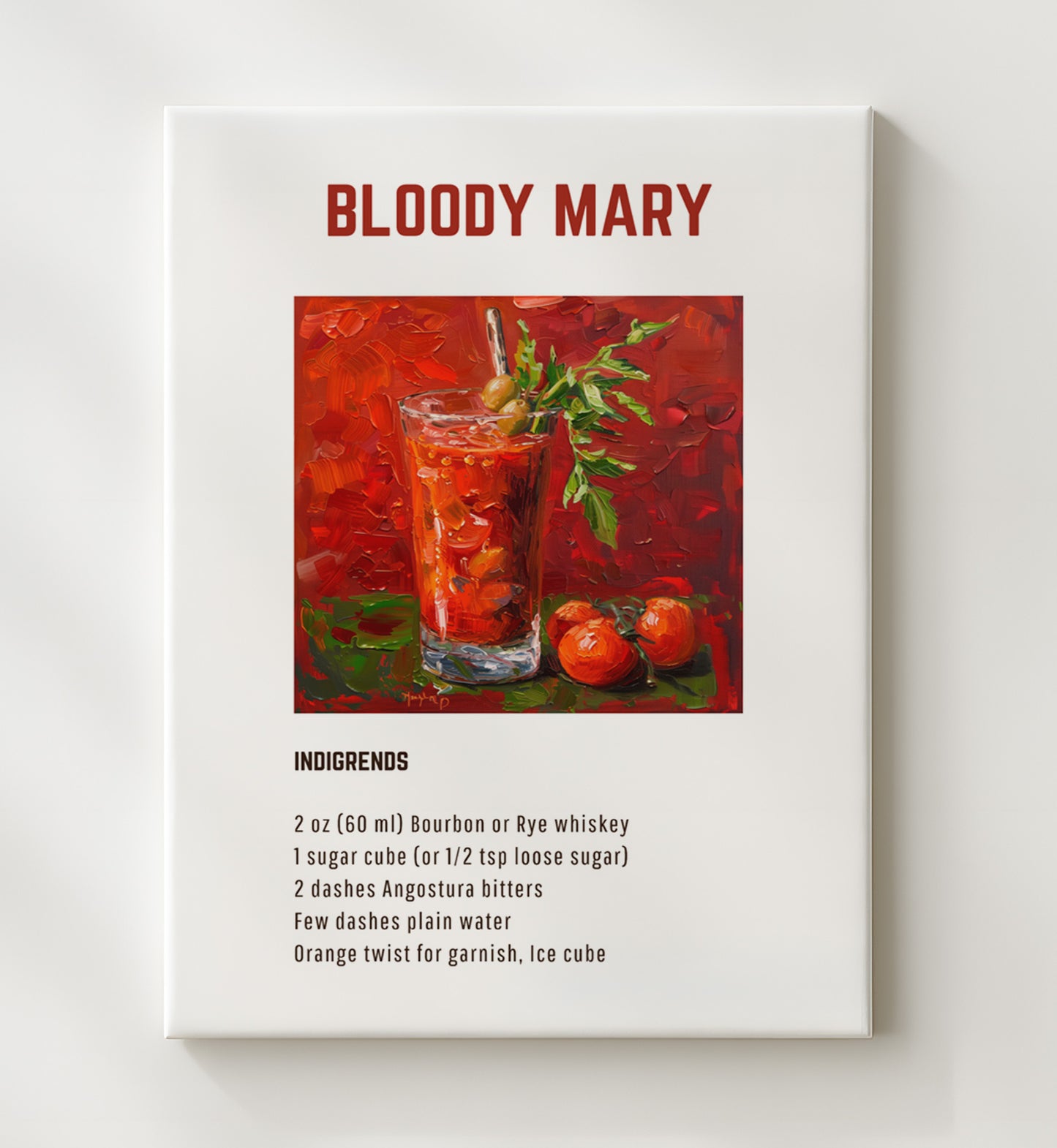 Bloody Mary 20x24 Canvas cocktail recipe wall art print – Cocktail Recipies decor