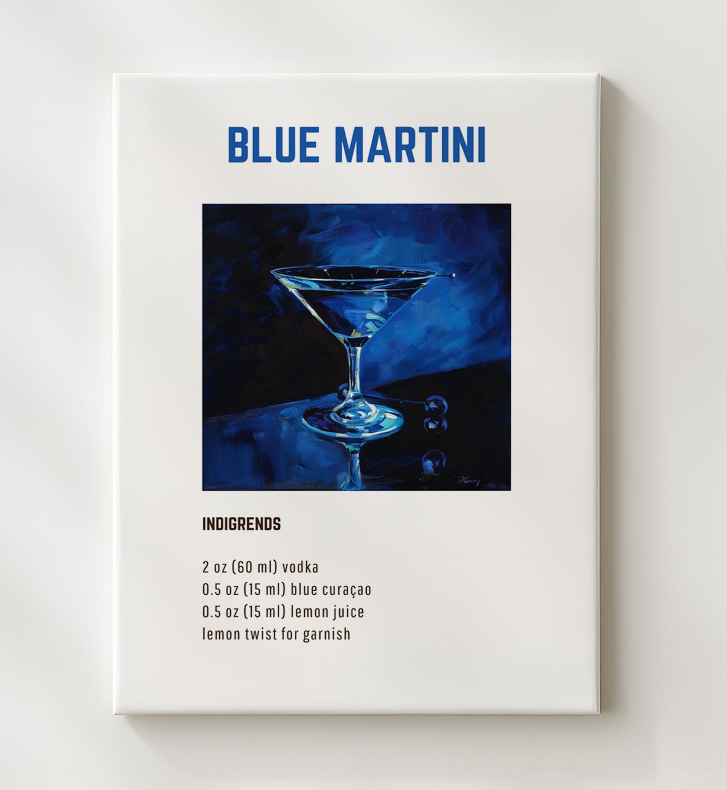 Blue Martini 20x24 Canvas cocktail recipe wall art print – Cocktail Recipies decor