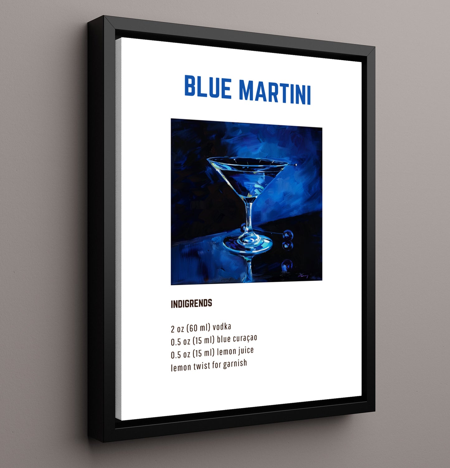 Blue Martini 16x20 Framed Canvas cocktail recipe wall art print – Cocktail Recipies decor