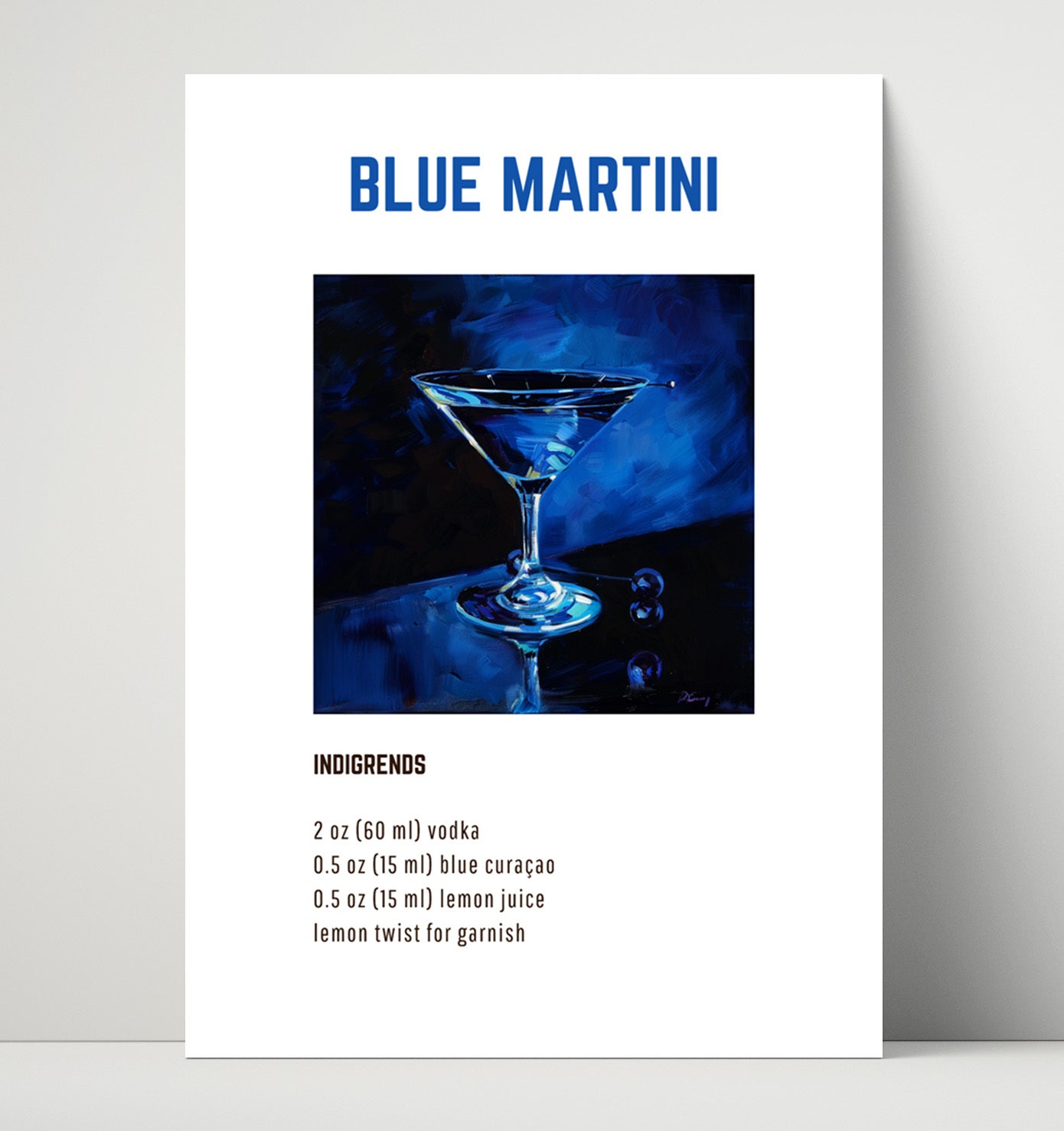 Blue Martini 16x20 Unframed Print cocktail recipe wall art print – Cocktail Recipies decor