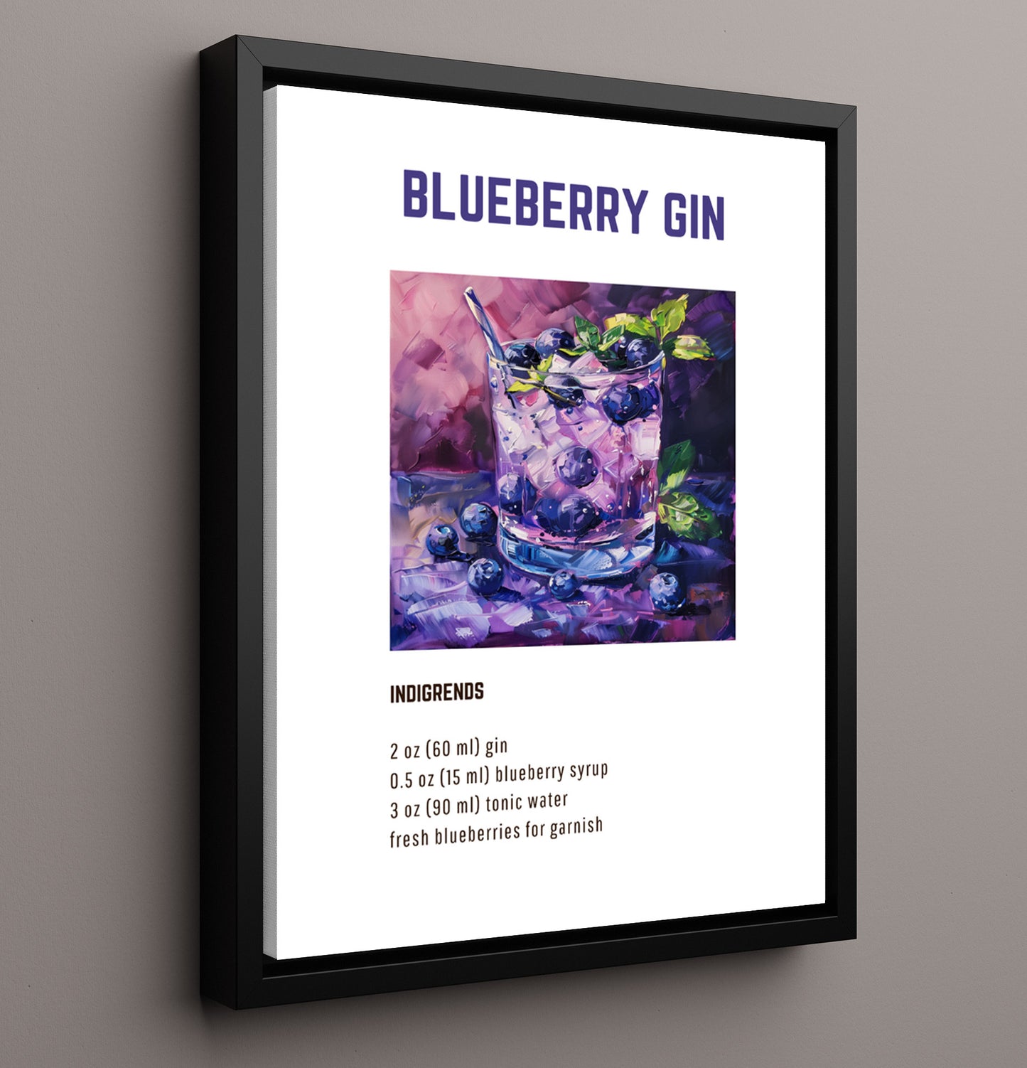 Blueberry Gin 16x20 Framed Canvas cocktail recipe wall art print – Cocktail Recipies decor