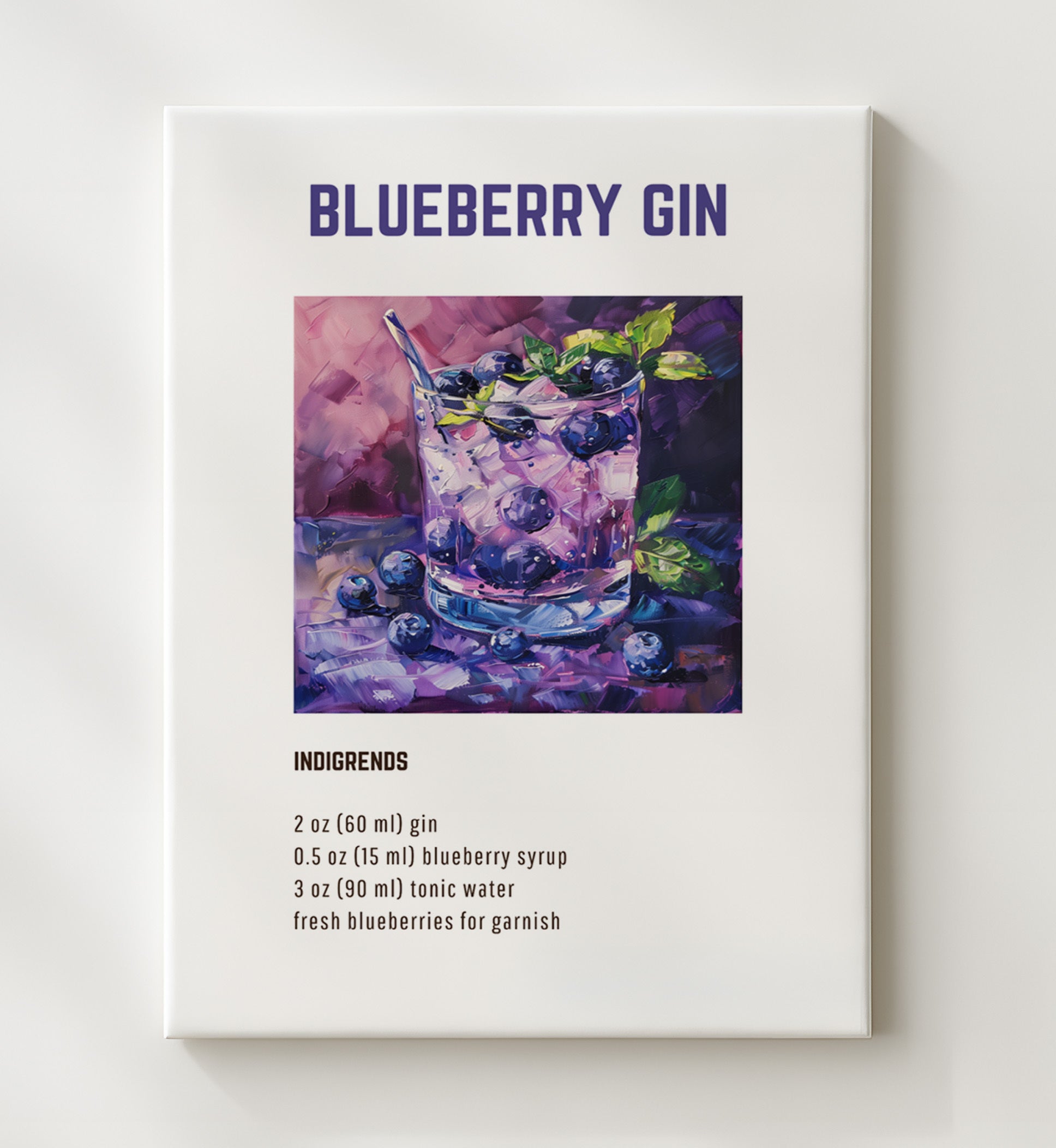 Blueberry Gin 20x24 Canvas cocktail recipe wall art print – Cocktail Recipies decor