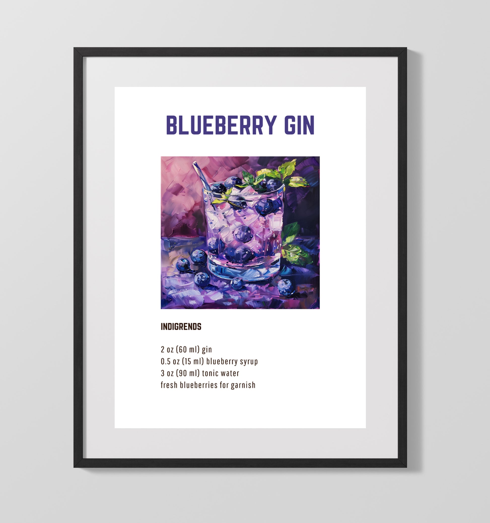 Blueberry Gin 16x20 Gallery Frame cocktail recipe wall art print – Cocktail Recipies decor