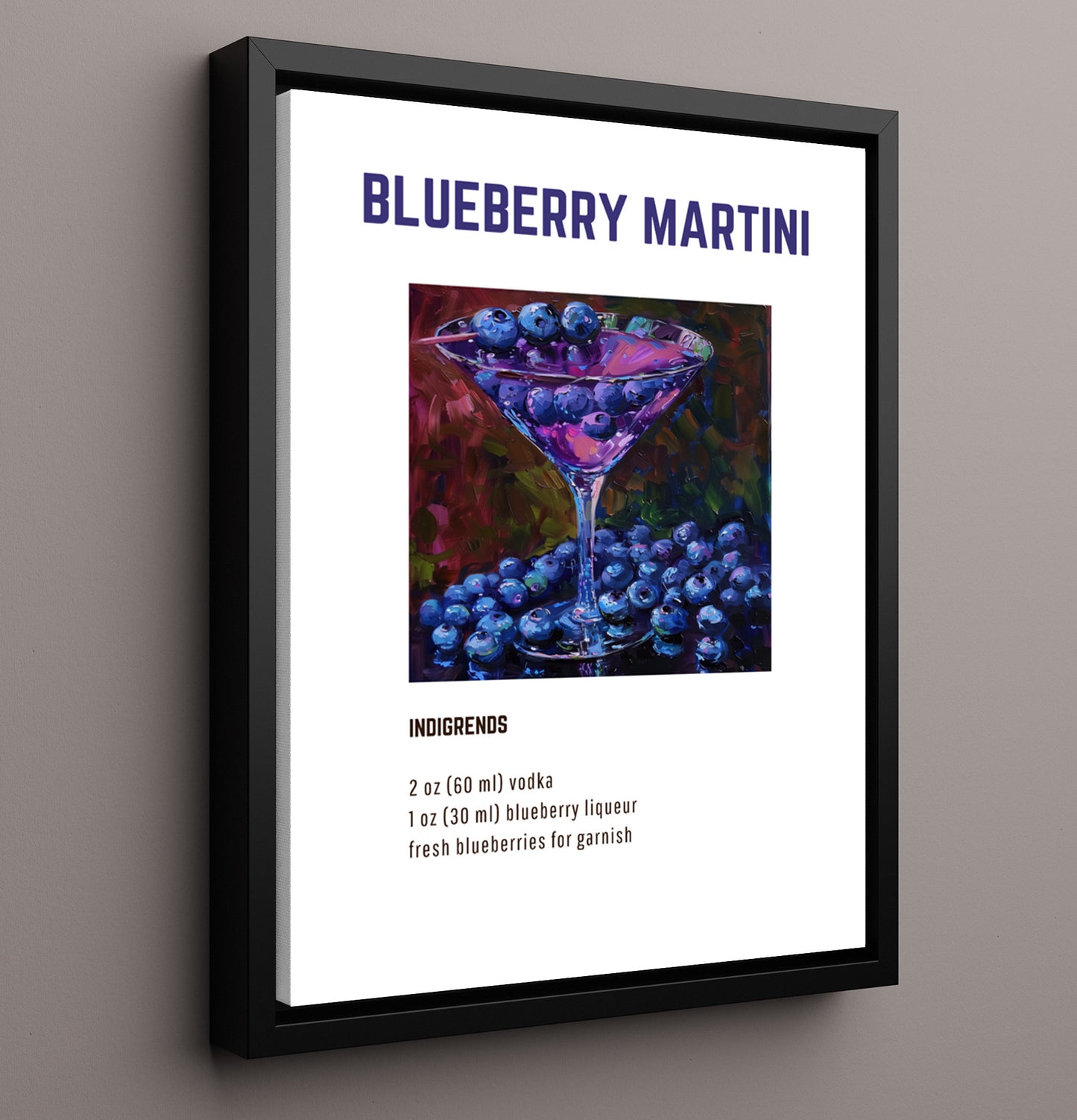 Blueberry Martini 16x20 Framed Canvas cocktail recipe wall art print – Cocktail Recipies decor