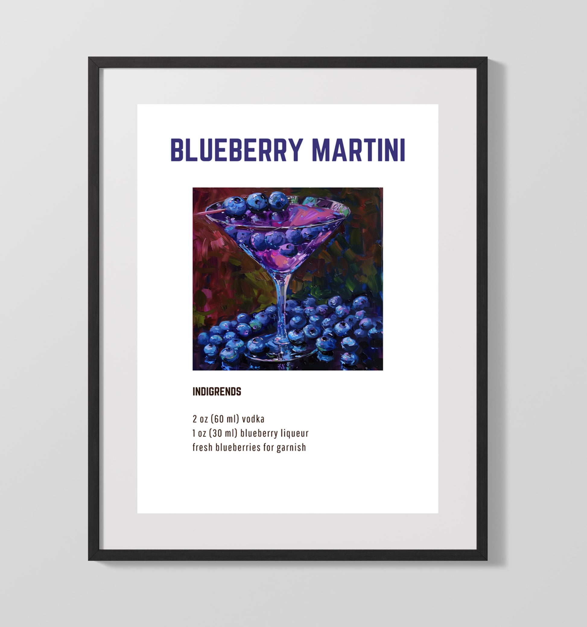 Blueberry Martini 16x20 Gallery Frame cocktail recipe wall art print – Cocktail Recipies decor