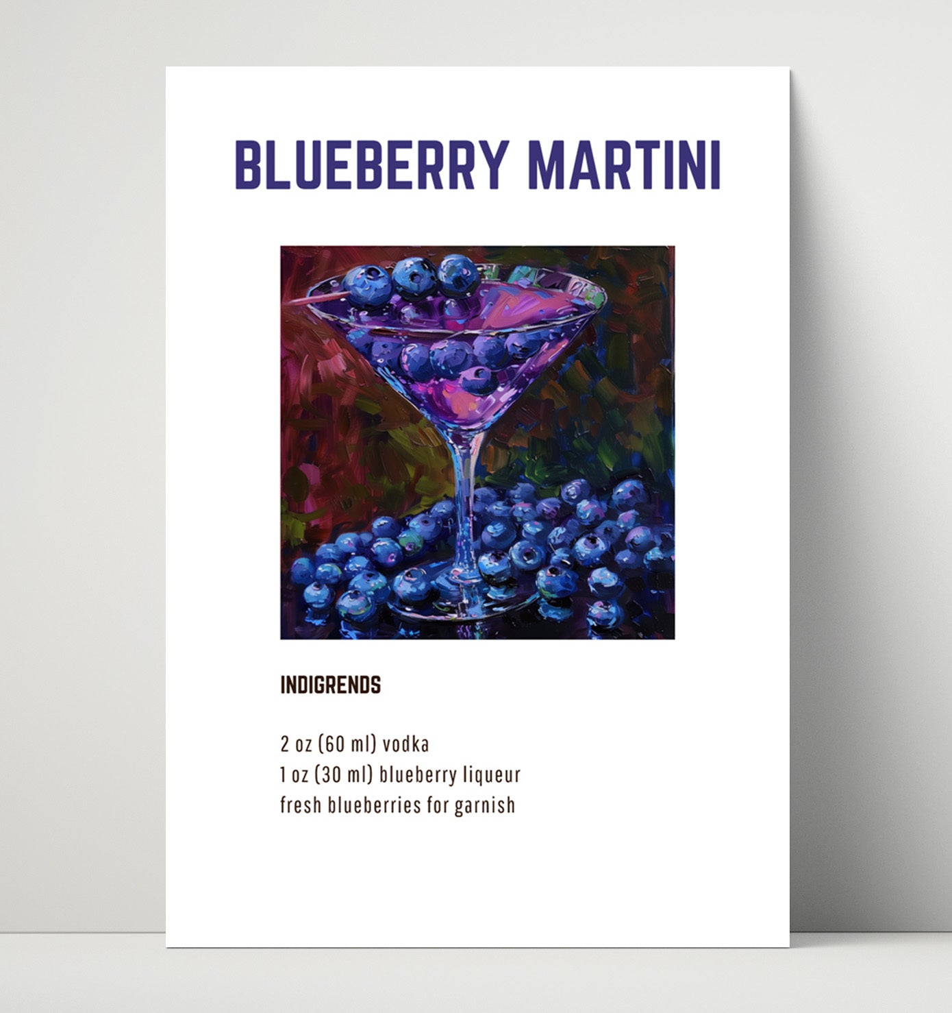 Blueberry Martini 16x20 Unframed Print cocktail recipe wall art print – Cocktail Recipies decor