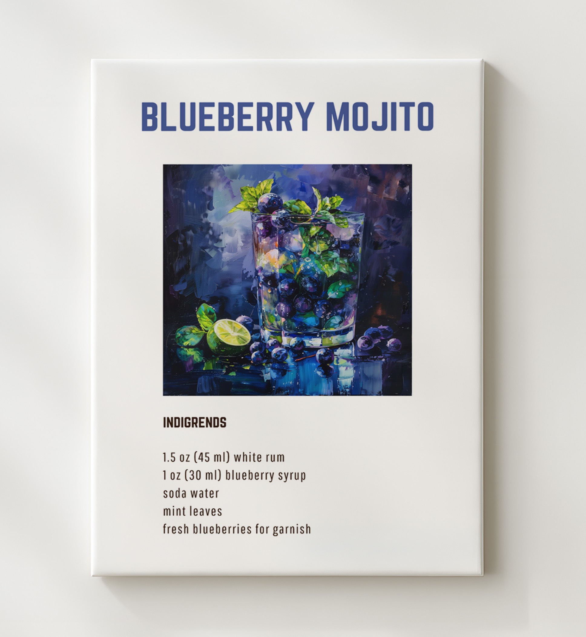 Blueberry Mojito 20x24 Canvas cocktail recipe wall art print – Cocktail Recipies decor