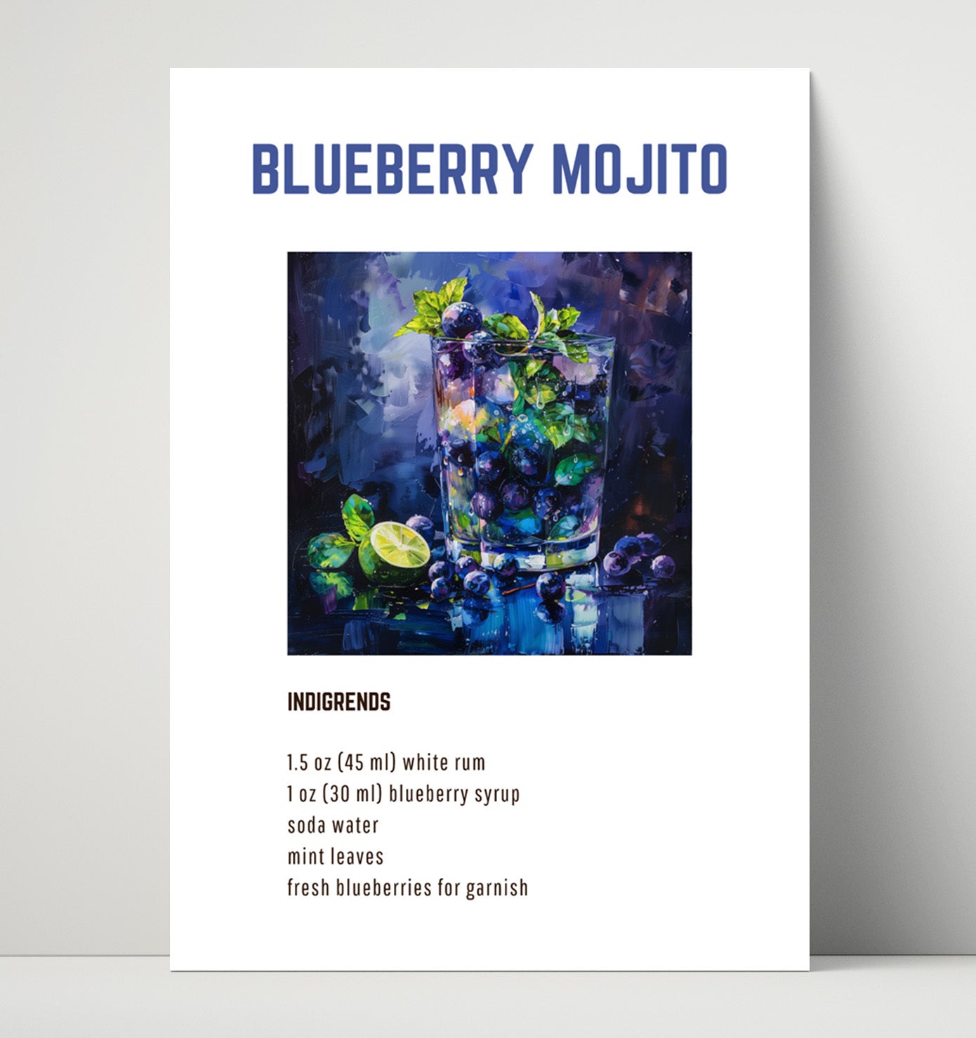 Blueberry Mojito 16x20 Unframed Print cocktail recipe wall art print – Cocktail Recipies decor
