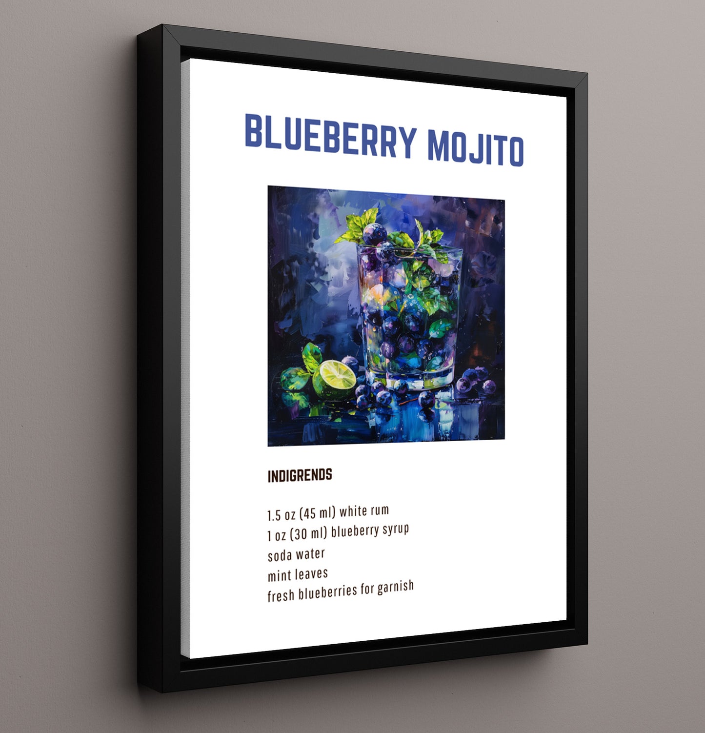 Blueberry Mojito 16x20 Framed Canvas cocktail recipe wall art print – Cocktail Recipies decor