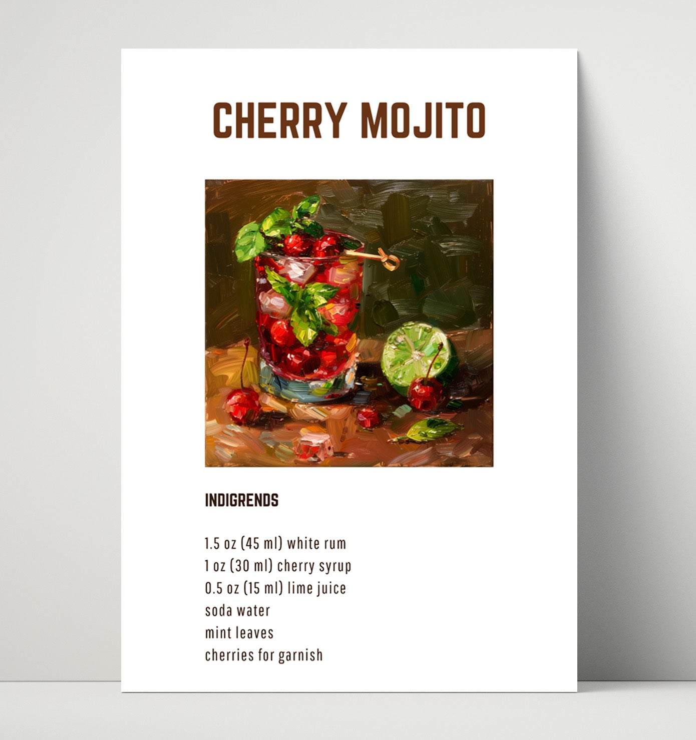 Cherry Mojito 16x20 Unframed Print cocktail recipe wall art print – Cocktail Recipies decor