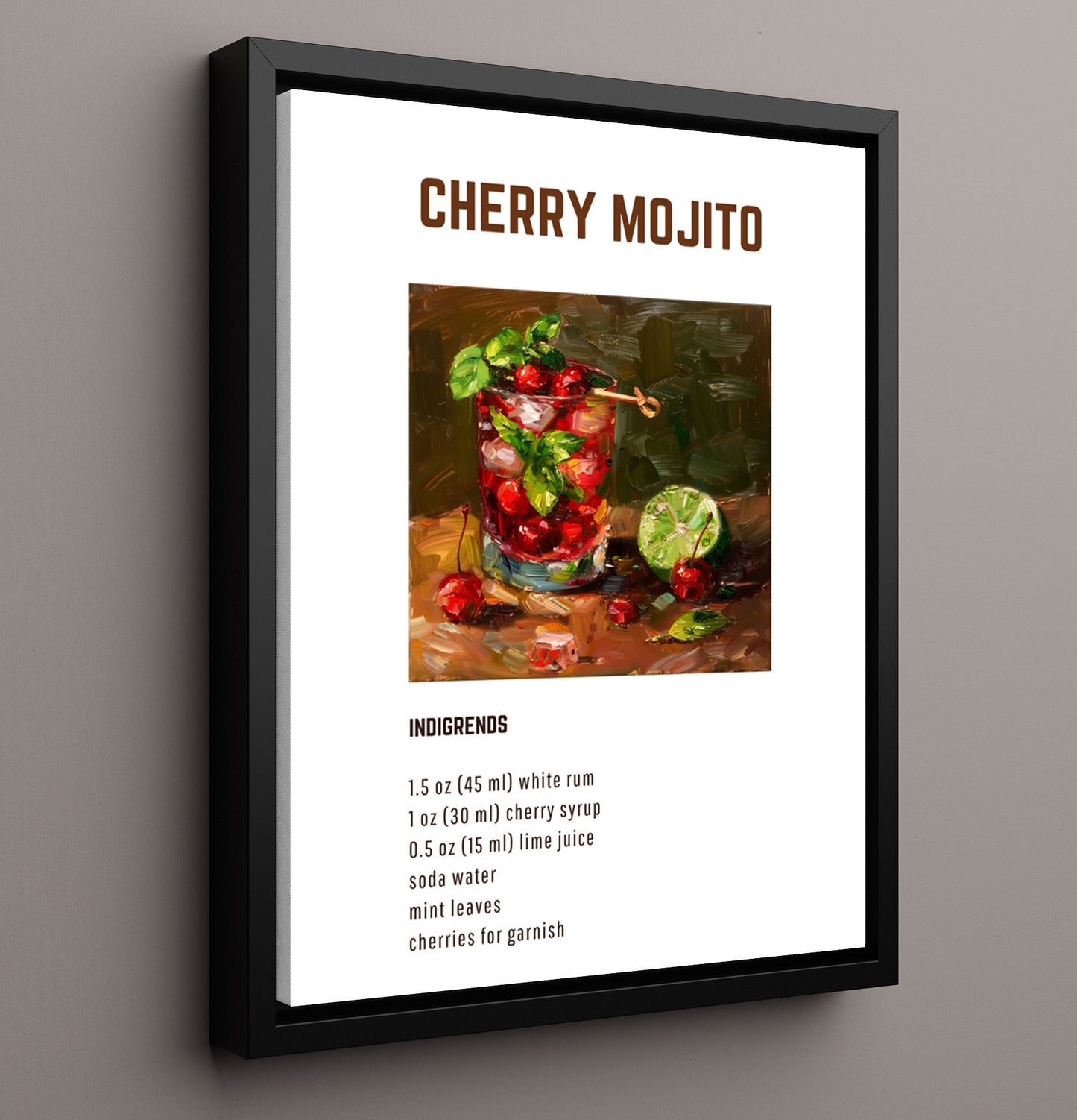 Cherry Mojito 16x20 Framed Canvas cocktail recipe wall art print – Cocktail Recipies decor