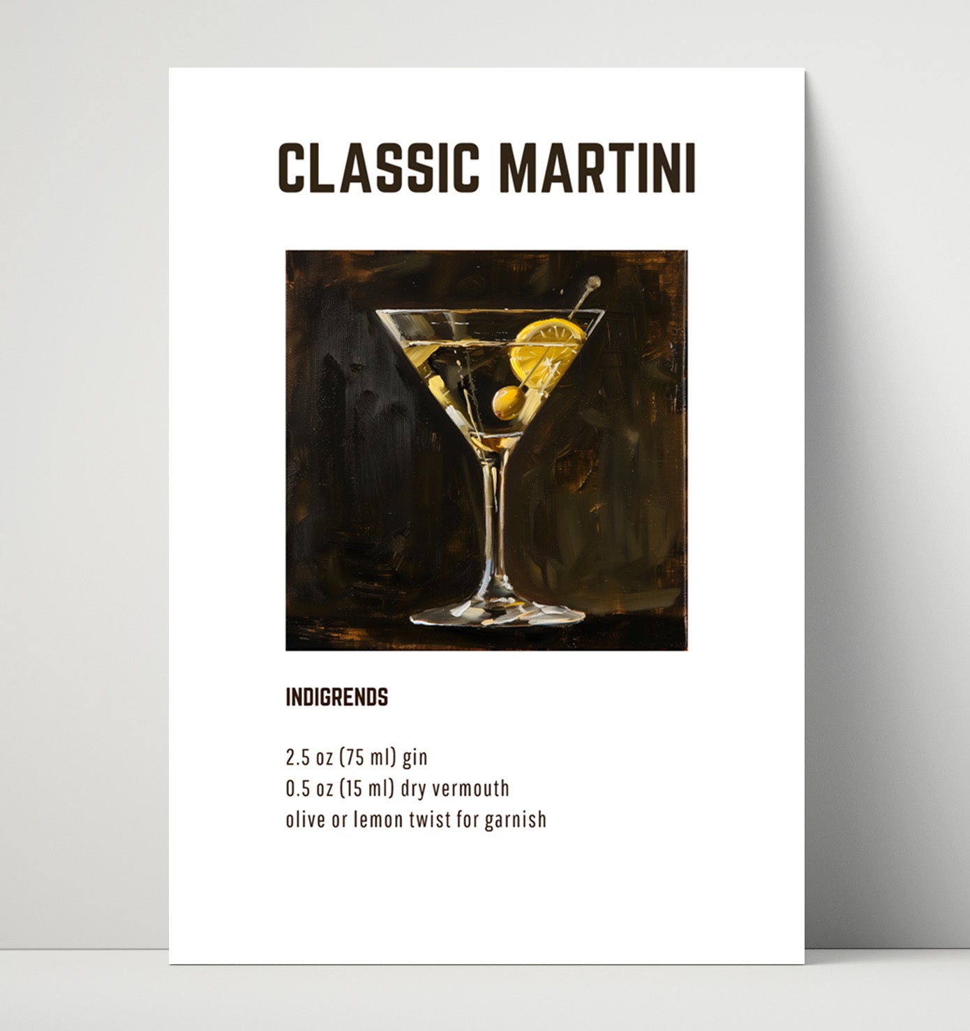 Classic Martini 16x20 Unframed Print cocktail recipe wall art print – Cocktail Recipies decor