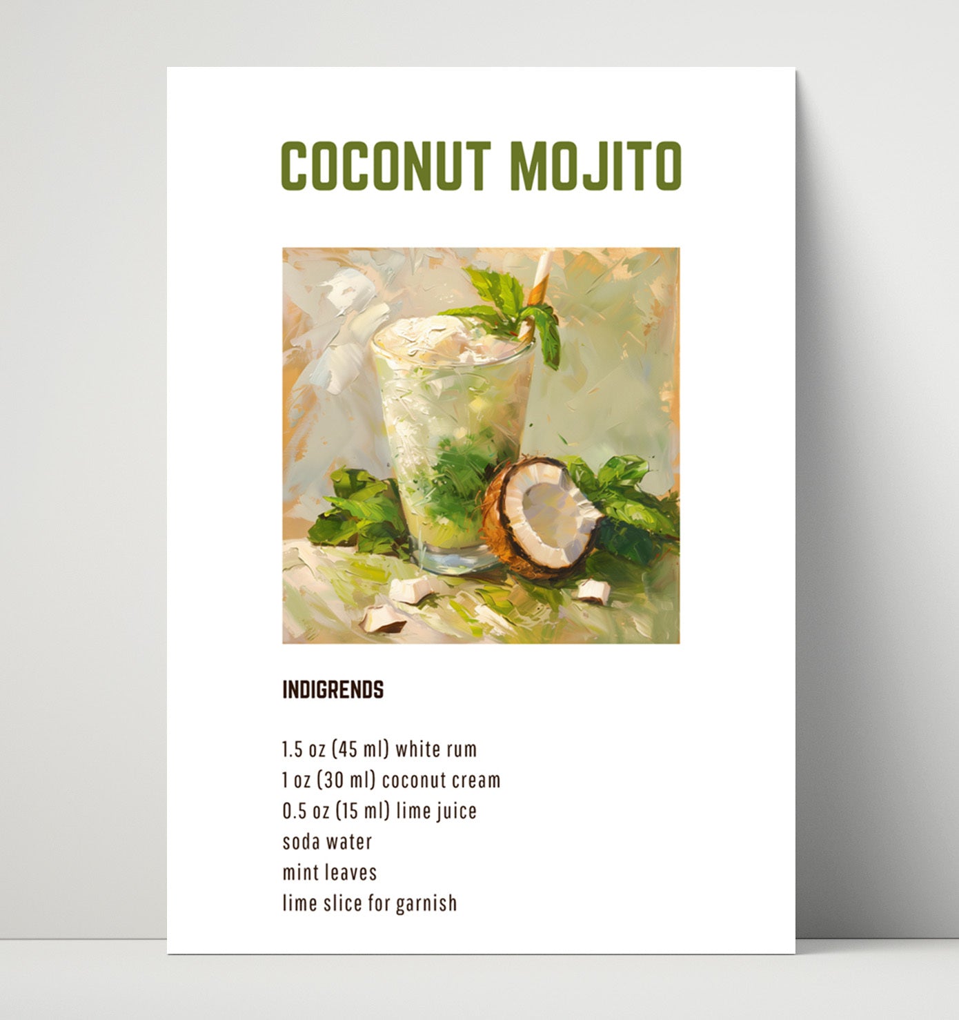 Coconut Mojito 16x20 Unframed Print cocktail recipe wall art print – Cocktail Recipies decor