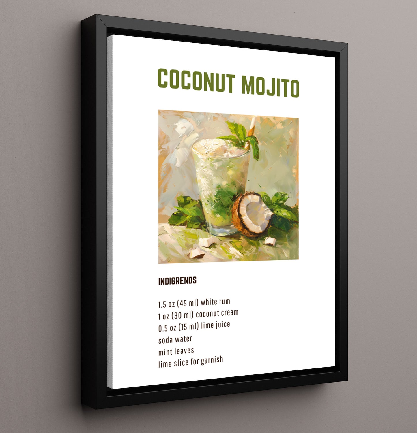 Coconut Mojito 16x20 Framed Canvas cocktail recipe wall art print – Cocktail Recipies decor