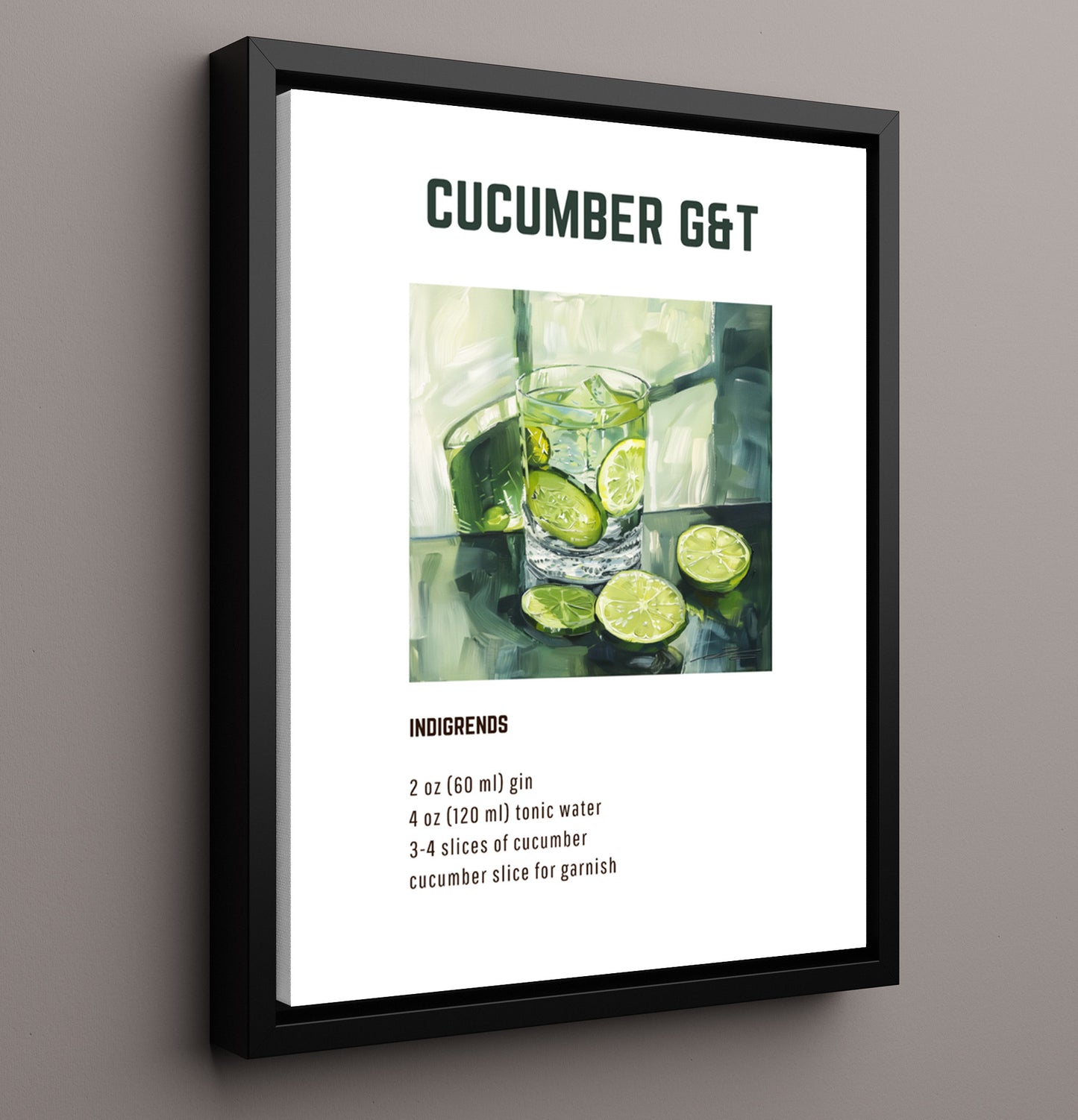 Cucumber GandT 16x20 Framed Canvas cocktail recipe wall art print – Cocktail Recipies decor