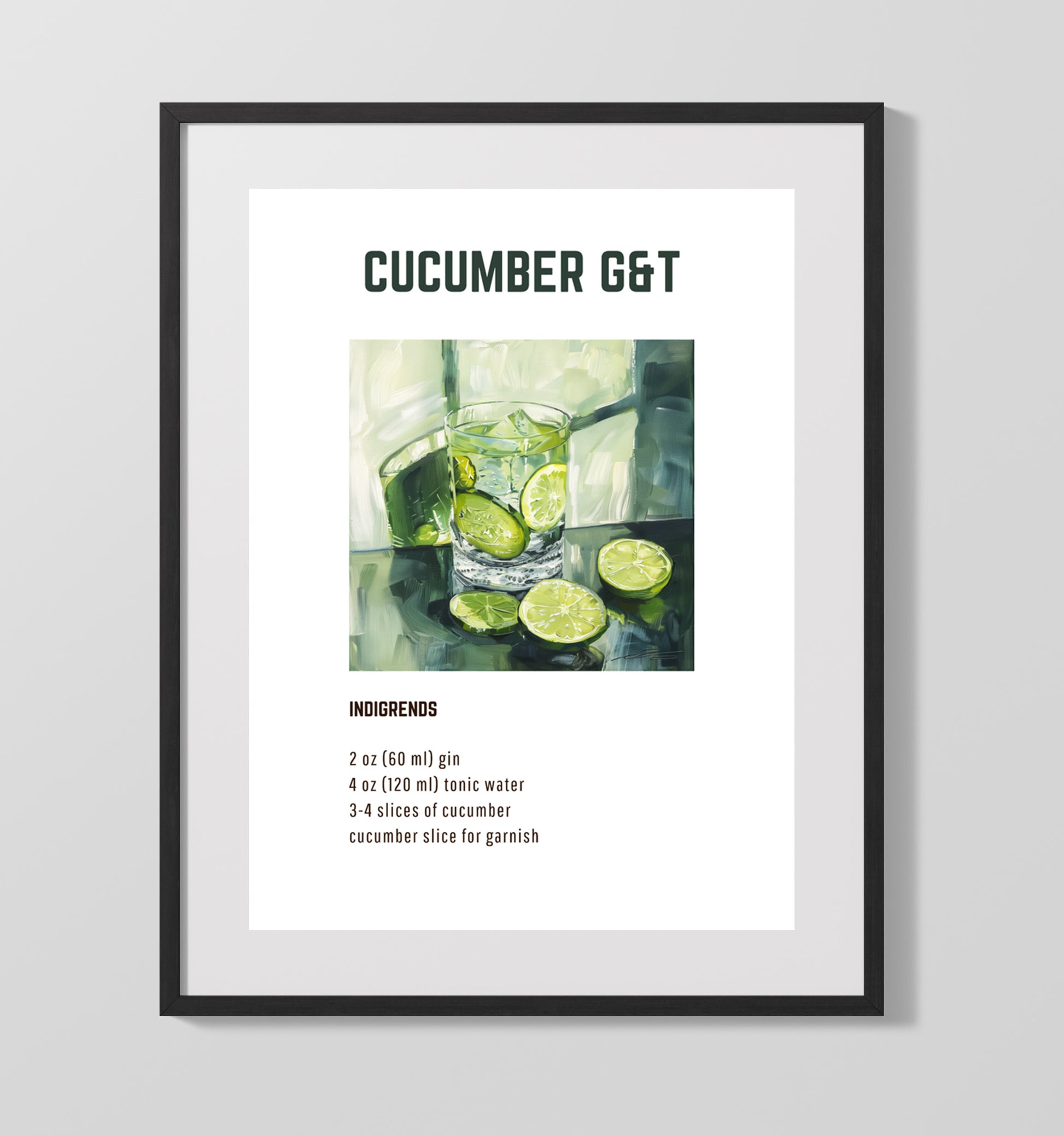 Cucumber GandT 16x20 Gallery Frame cocktail recipe wall art print – Cocktail Recipies decor