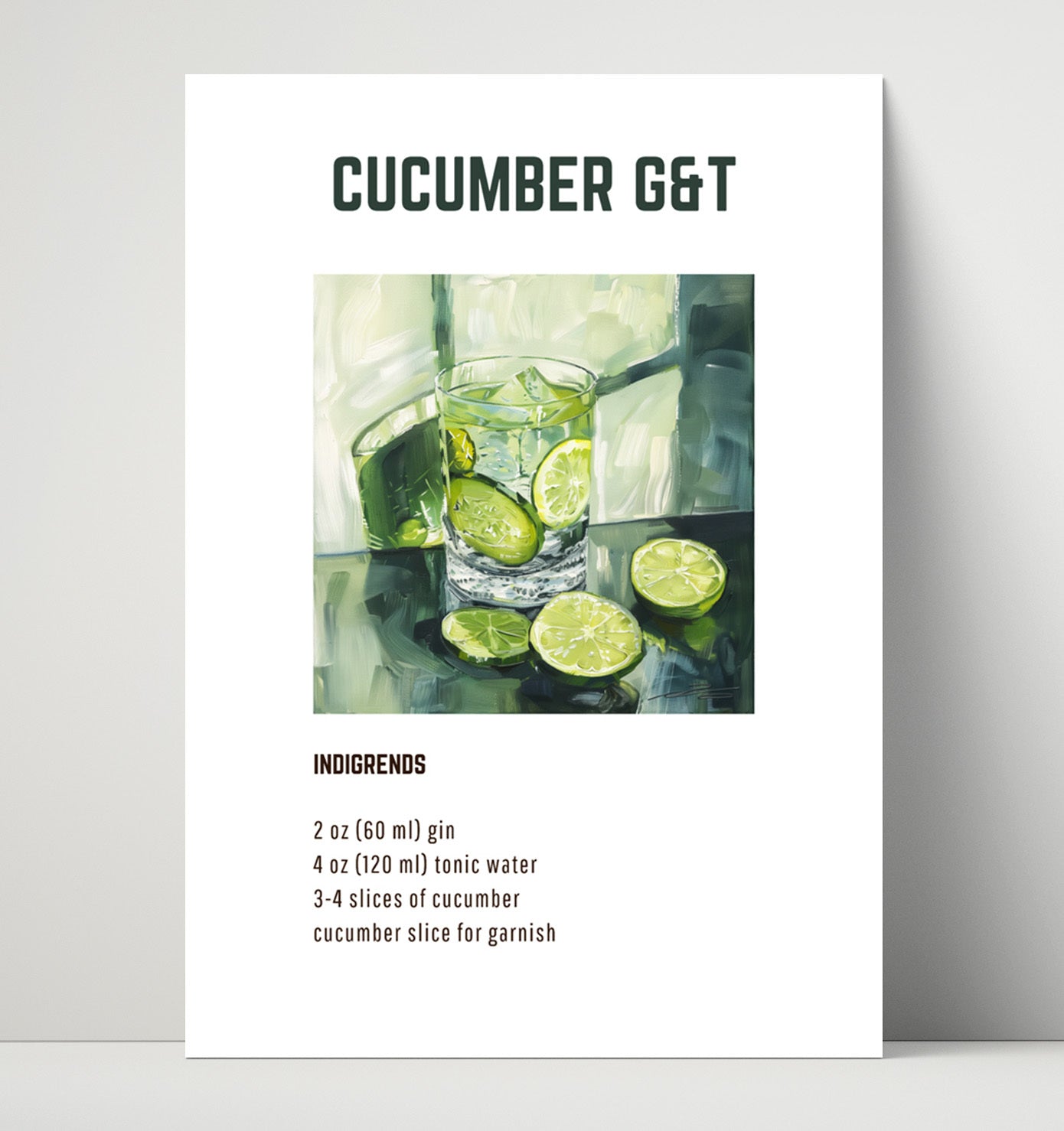 Cucumber GandT 16x20 Unframed Print cocktail recipe wall art print – Cocktail Recipies decor