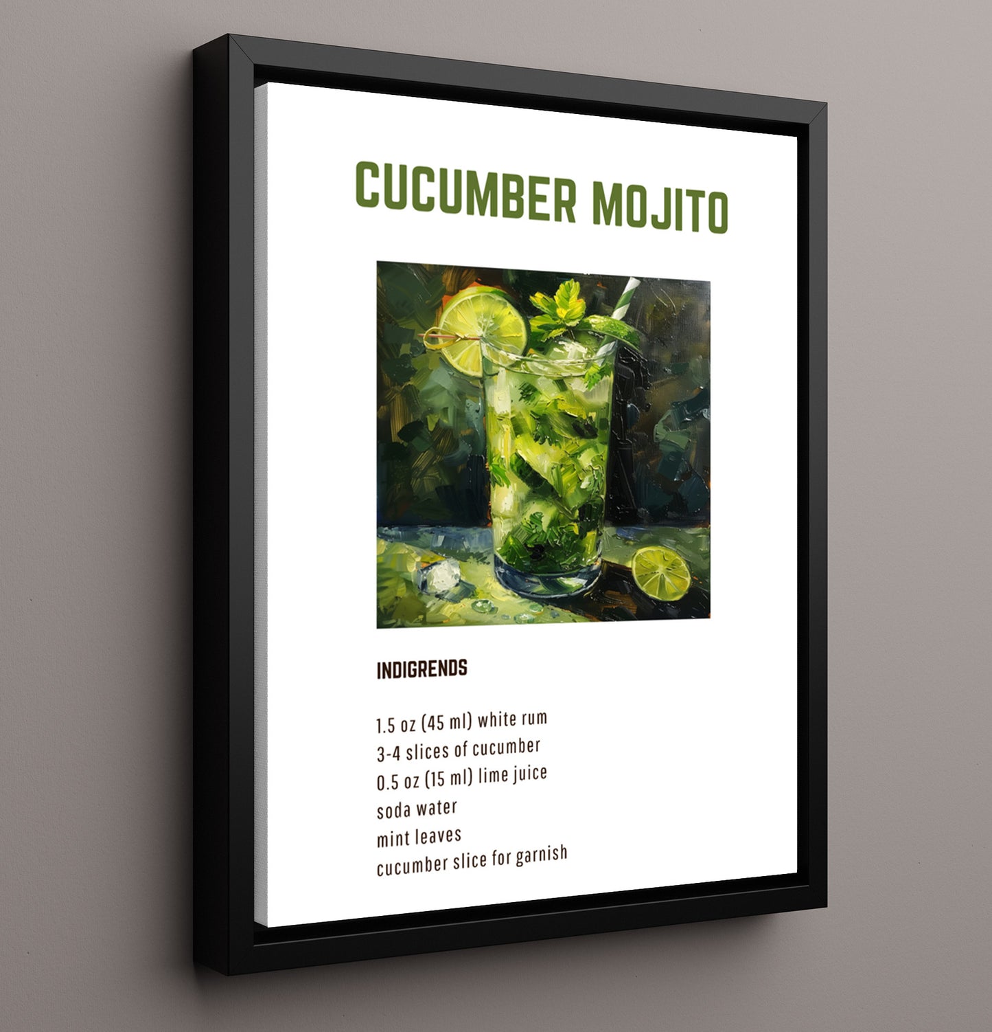 Cucumber Mojito 16x20 Framed Canvas cocktail recipe wall art print – Cocktail Recipies decor