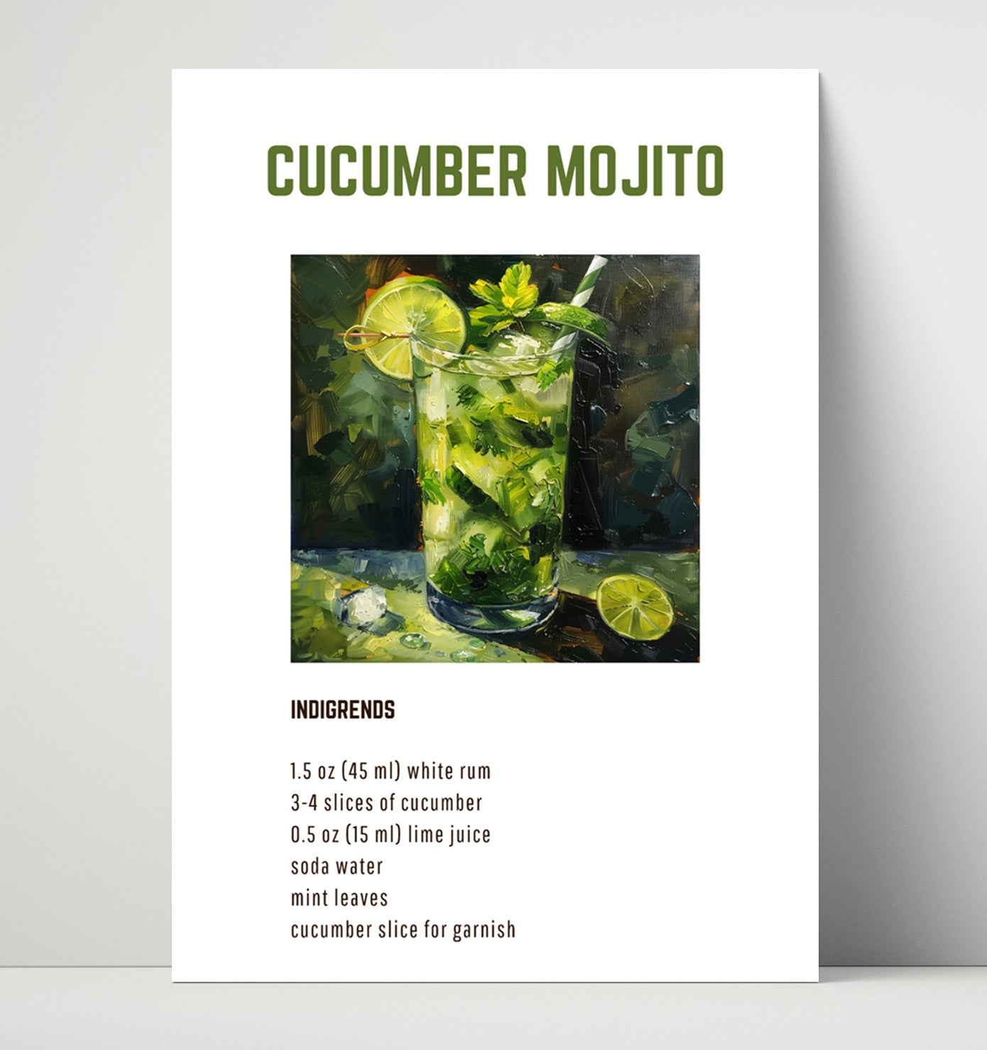 Cucumber Mojito 16x20 Unframed Print cocktail recipe wall art print – Cocktail Recipies decor