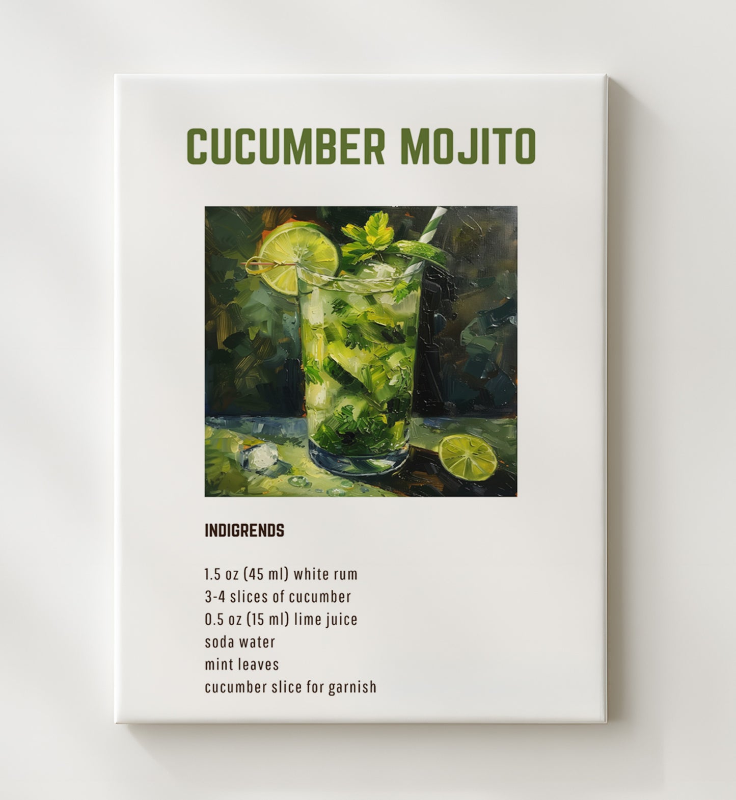 Cucumber Mojito 20x24 Canvas cocktail recipe wall art print – Cocktail Recipies decor