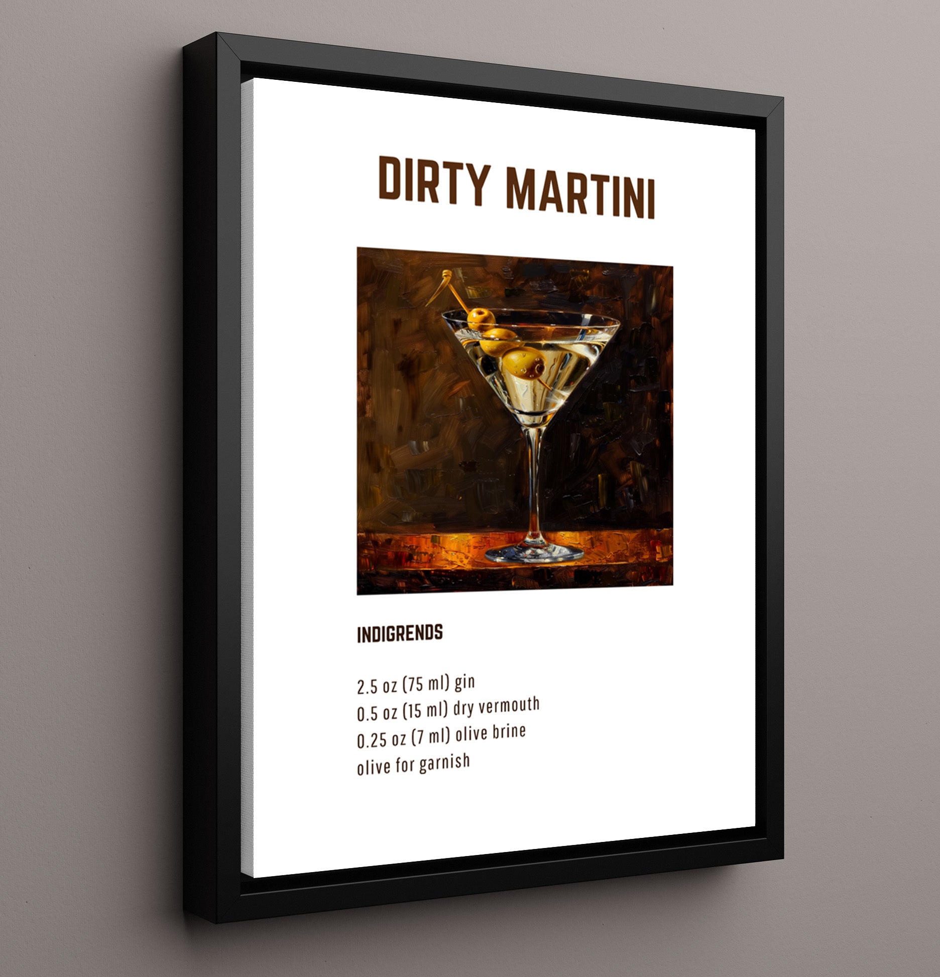 Dirty Martini 16x20 Framed Canvas cocktail recipe wall art print – Cocktail Recipies decor