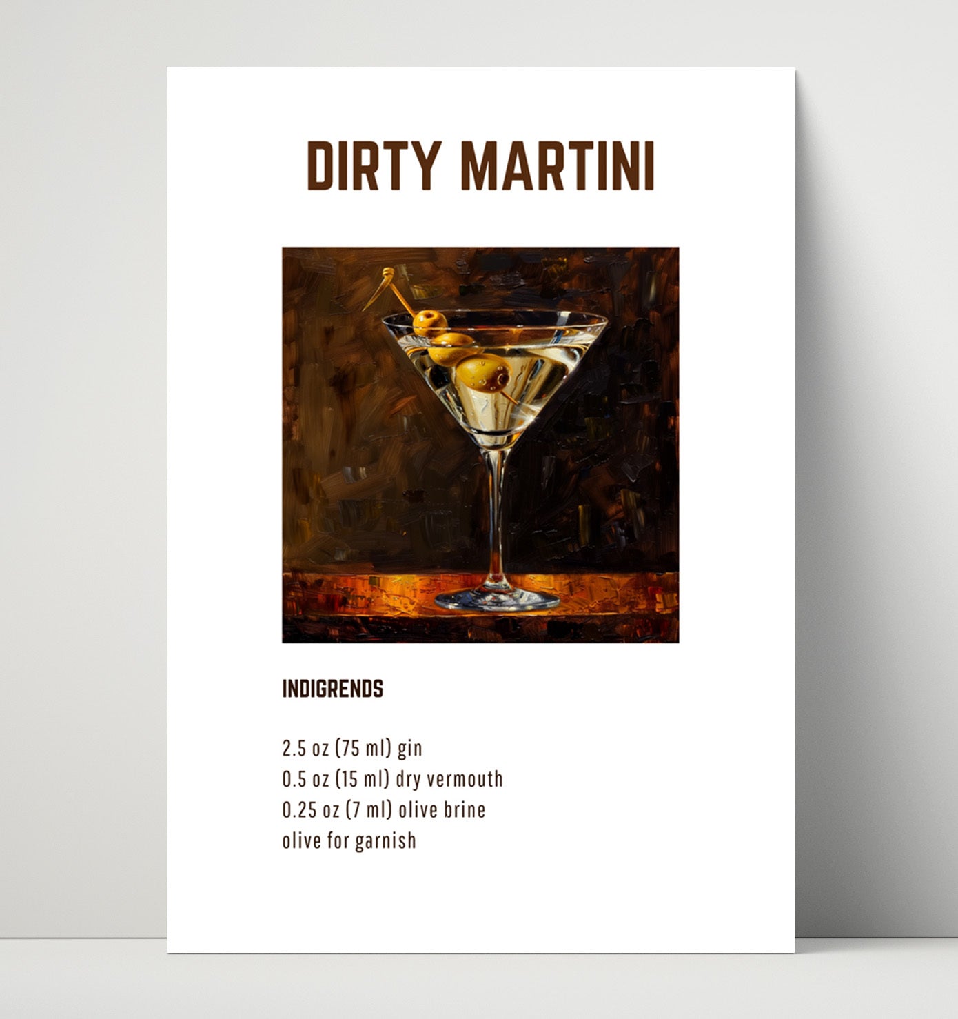 Dirty Martini 16x20 Unframed Print cocktail recipe wall art print – Cocktail Recipies decor
