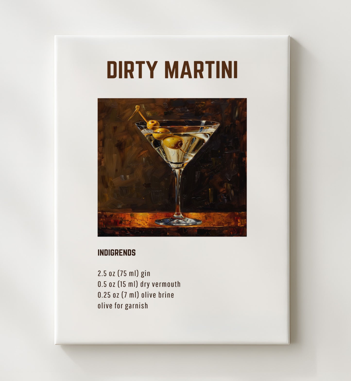 Dirty Martini 20x24 Canvas cocktail recipe wall art print – Cocktail Recipies decor
