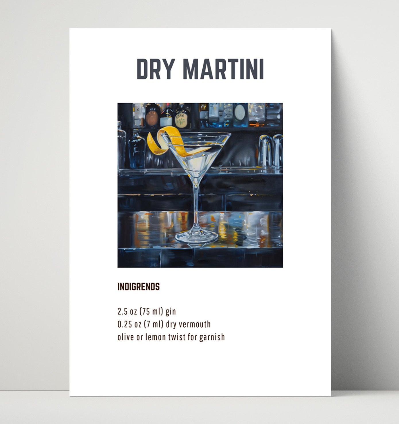 Dry Martini 16x20 Unframed Print cocktail recipe wall art print – Cocktail Recipies decor