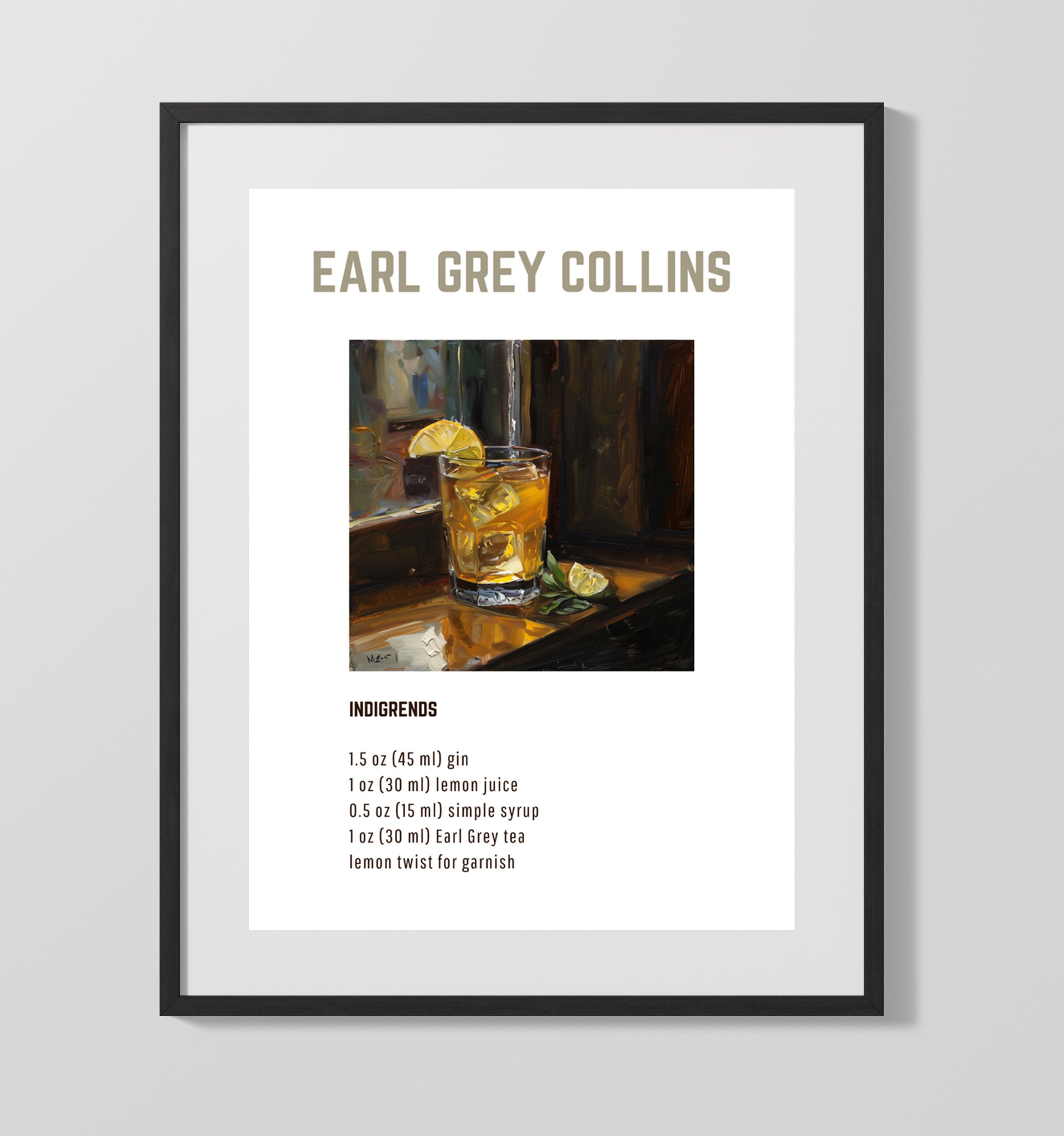 Earl Grey Collins 16x20 Gallery Frame cocktail recipe wall art print – Cocktail Recipies decor