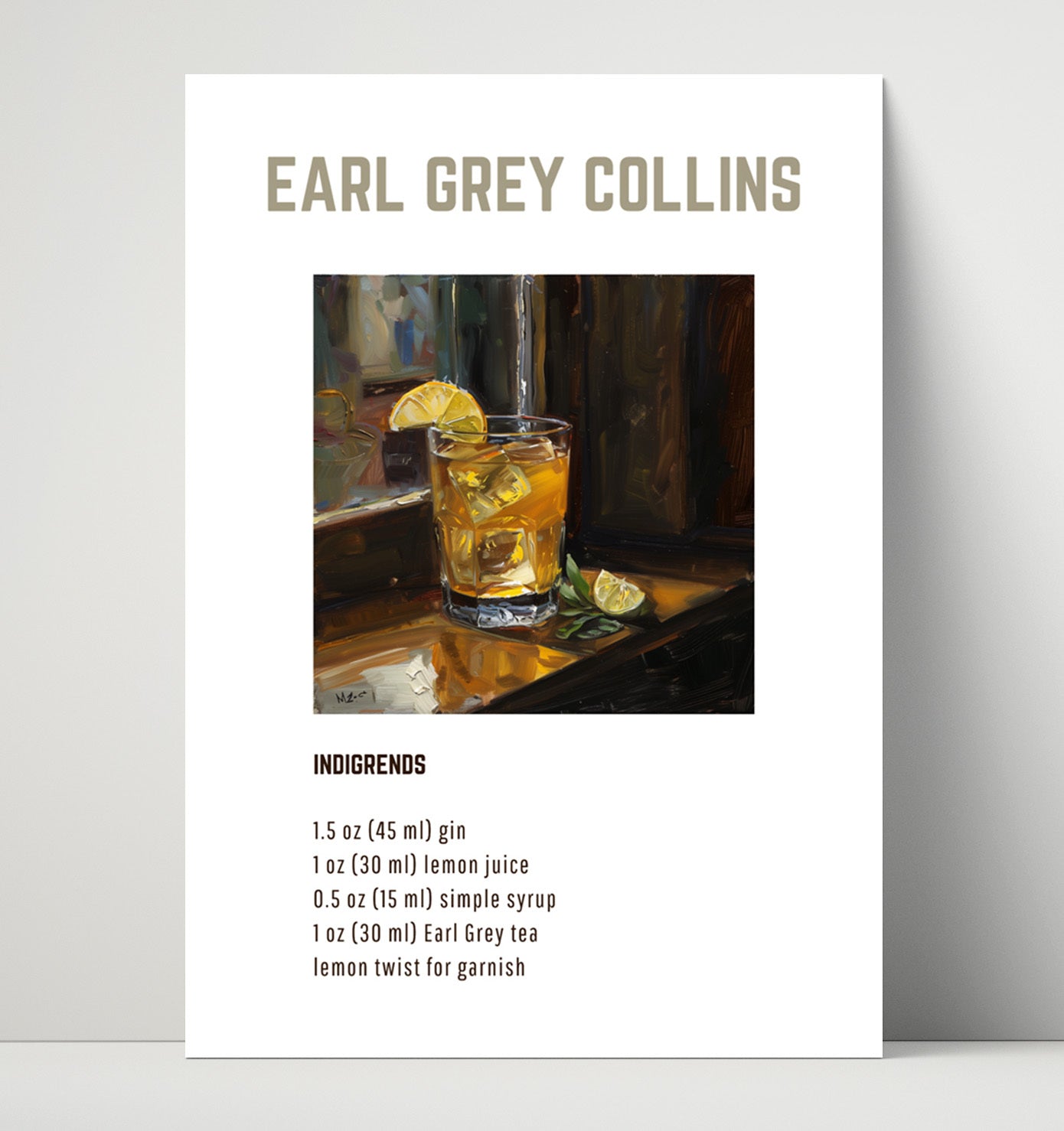 Earl Grey Collins 16x20 Unframed Print cocktail recipe wall art print – Cocktail Recipies decor
